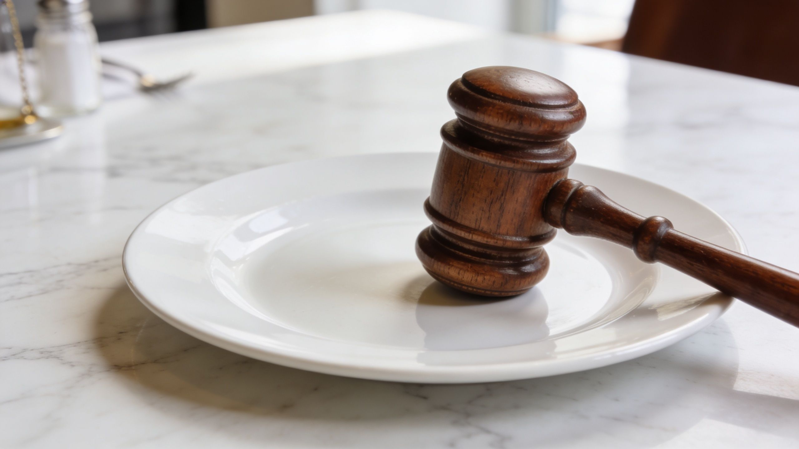 A wooden judge gavel resting on an empty white plate on a marble dining table.