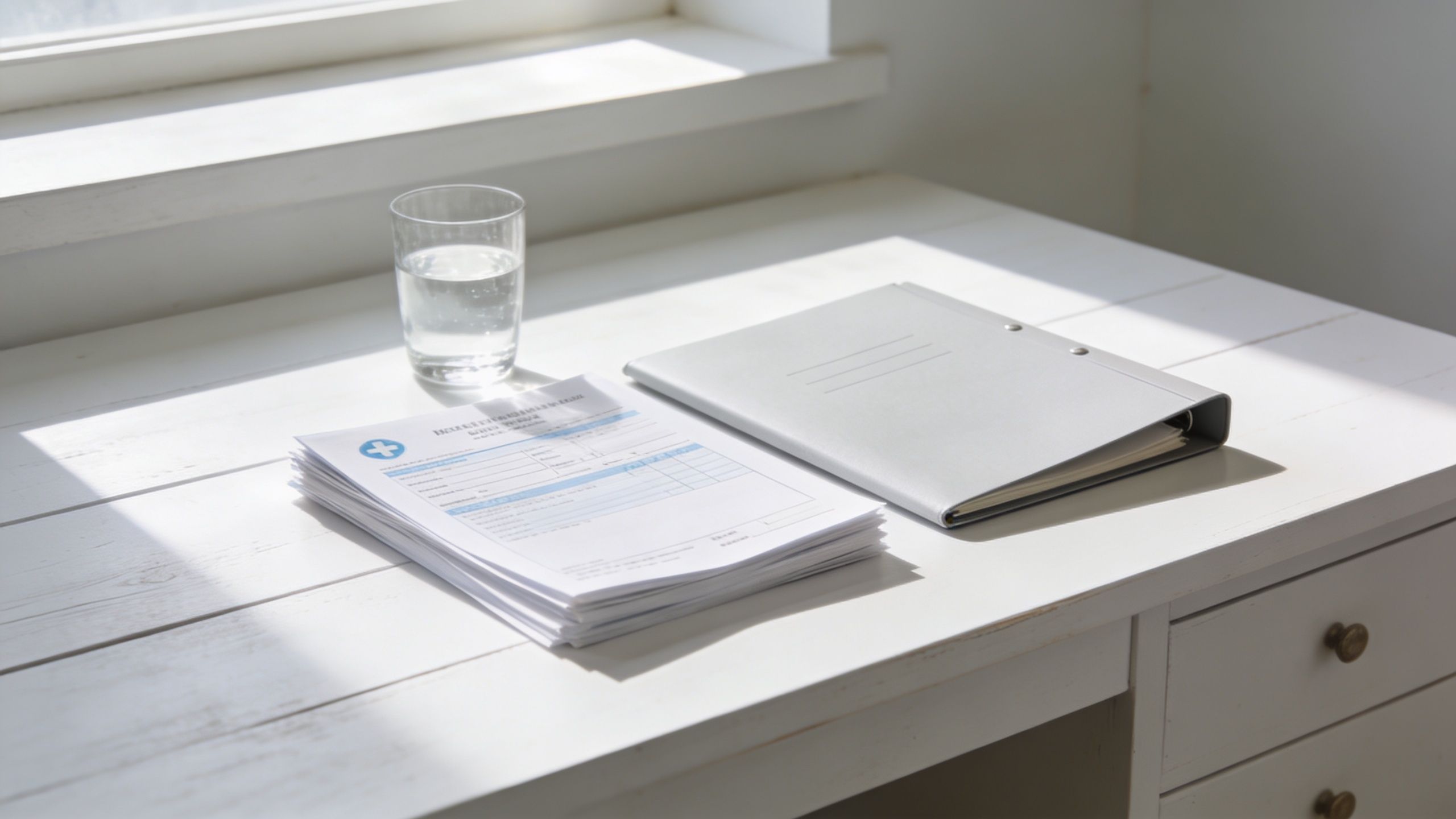 A stack of medical insurance forms with a glass of water on a white wooden desk.