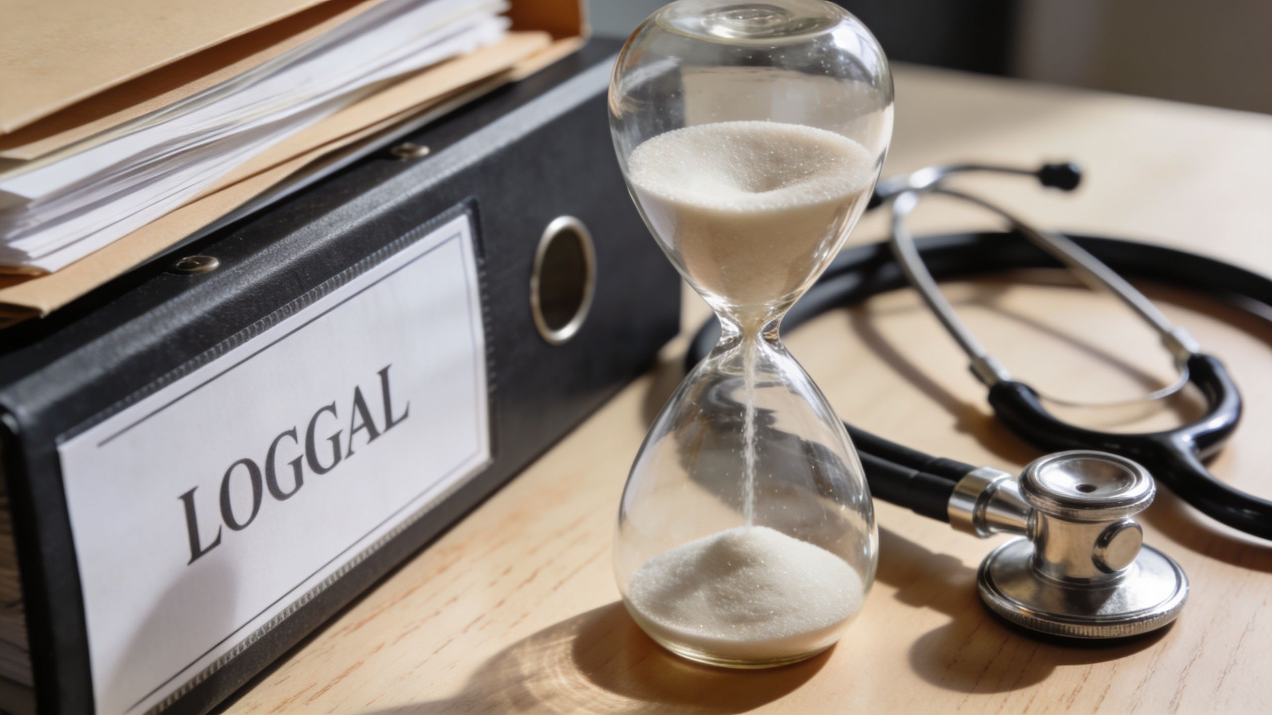 A black binder labeled Loggal next to an hourglass and a medical stethoscope on a wooden table.