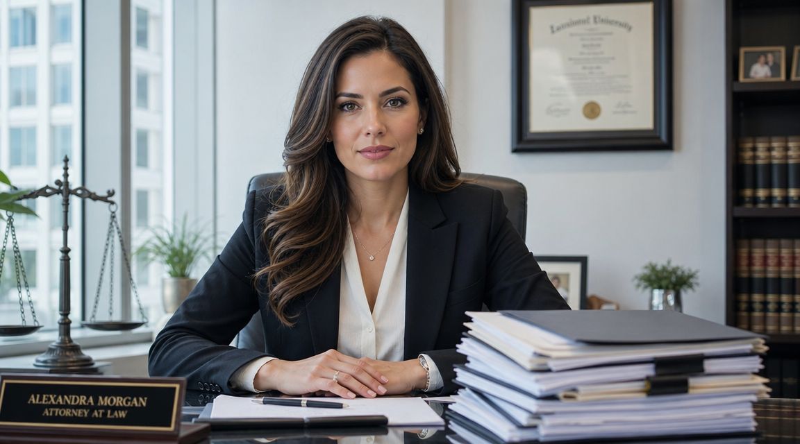 A professional female attorney named Alexandra Morgan sits at her desk in a modern law office.