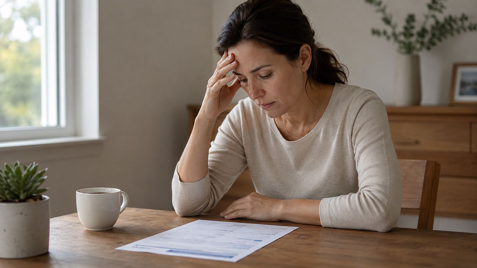A stressed woman sitting at a table looking at medical documents while holding her head in contemplation.