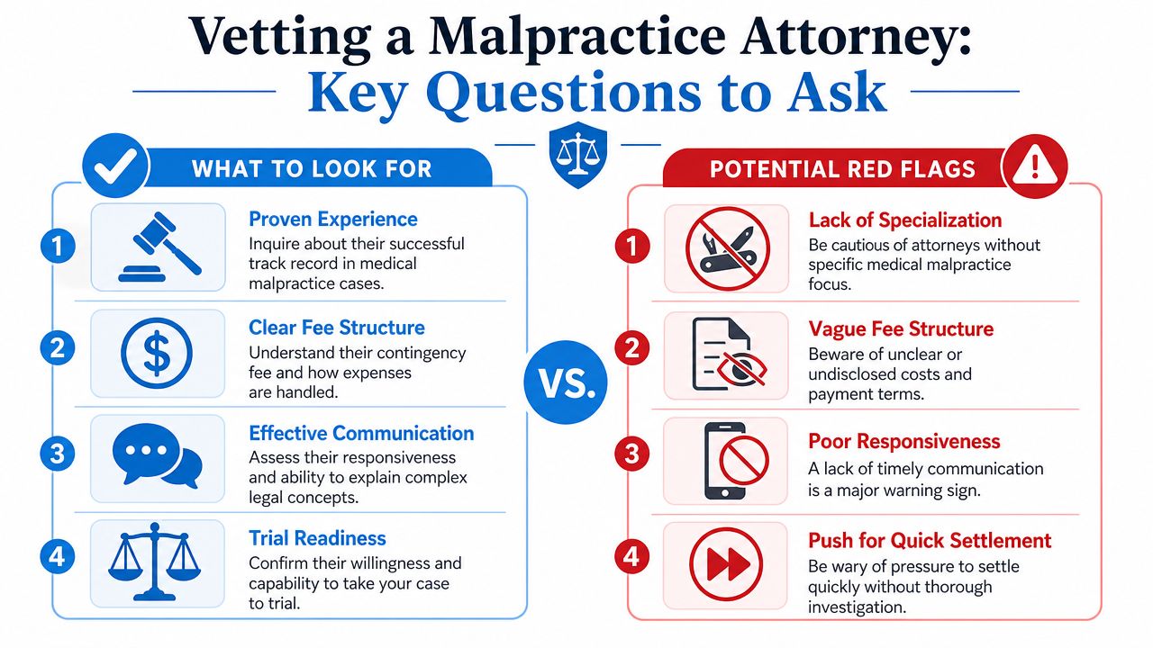 An infographic comparing key qualities to look for and red flags when vetting medical malpractice attorneys.