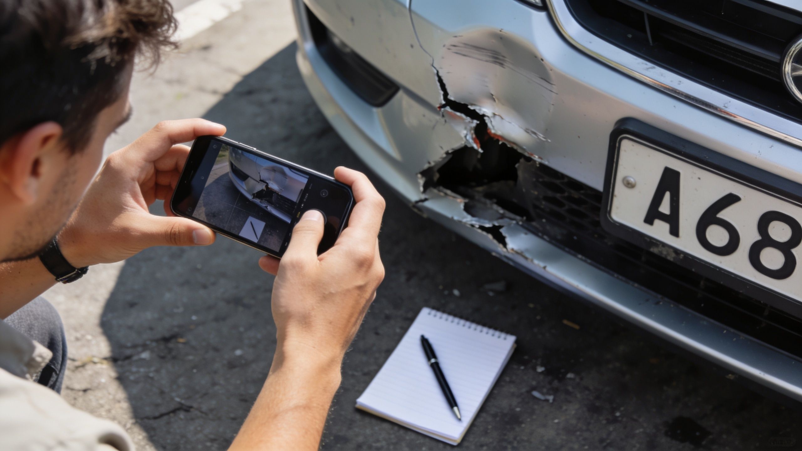 A person taking a photo of a damaged car bumper after a collision for insurance documentation.
