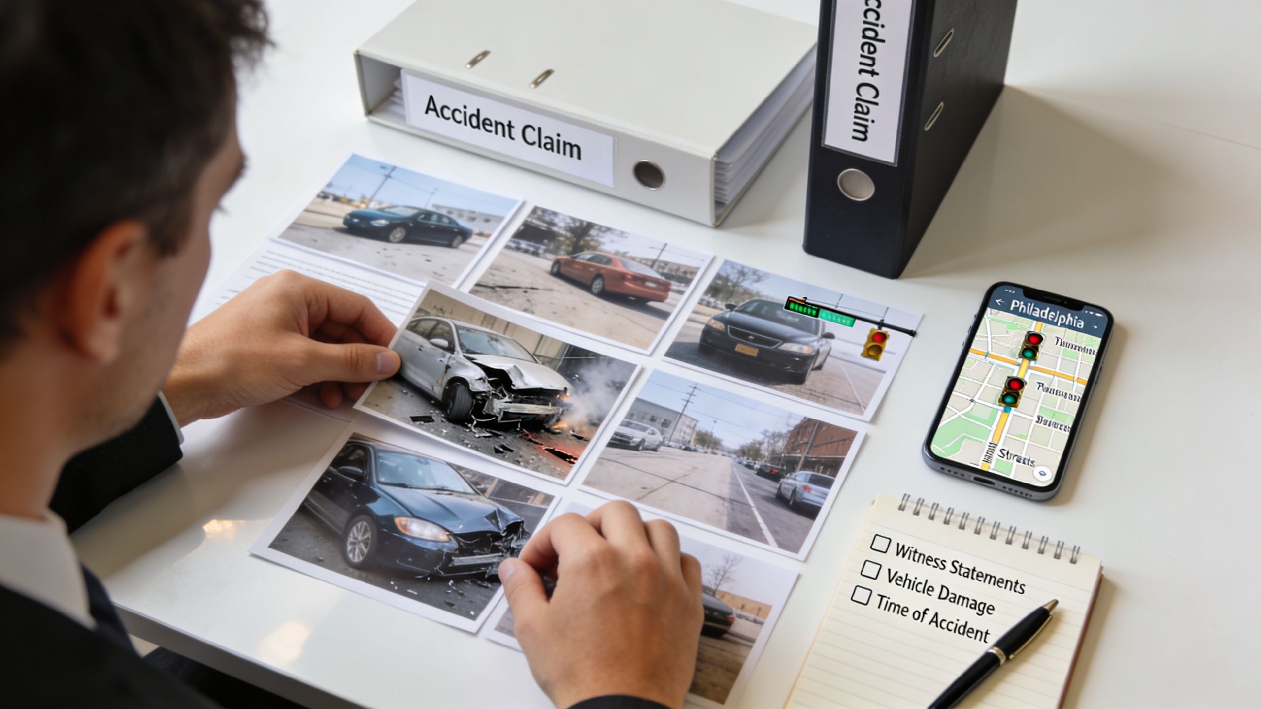 An insurance adjuster reviews photos of vehicle damage and traffic map data for an accident claim in Philadelphia.