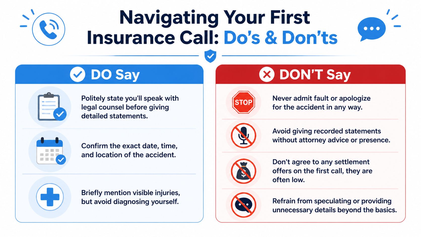 An infographic titled Navigating Your First Insurance Call outlining do's and don'ts for handling accident-related conversations.