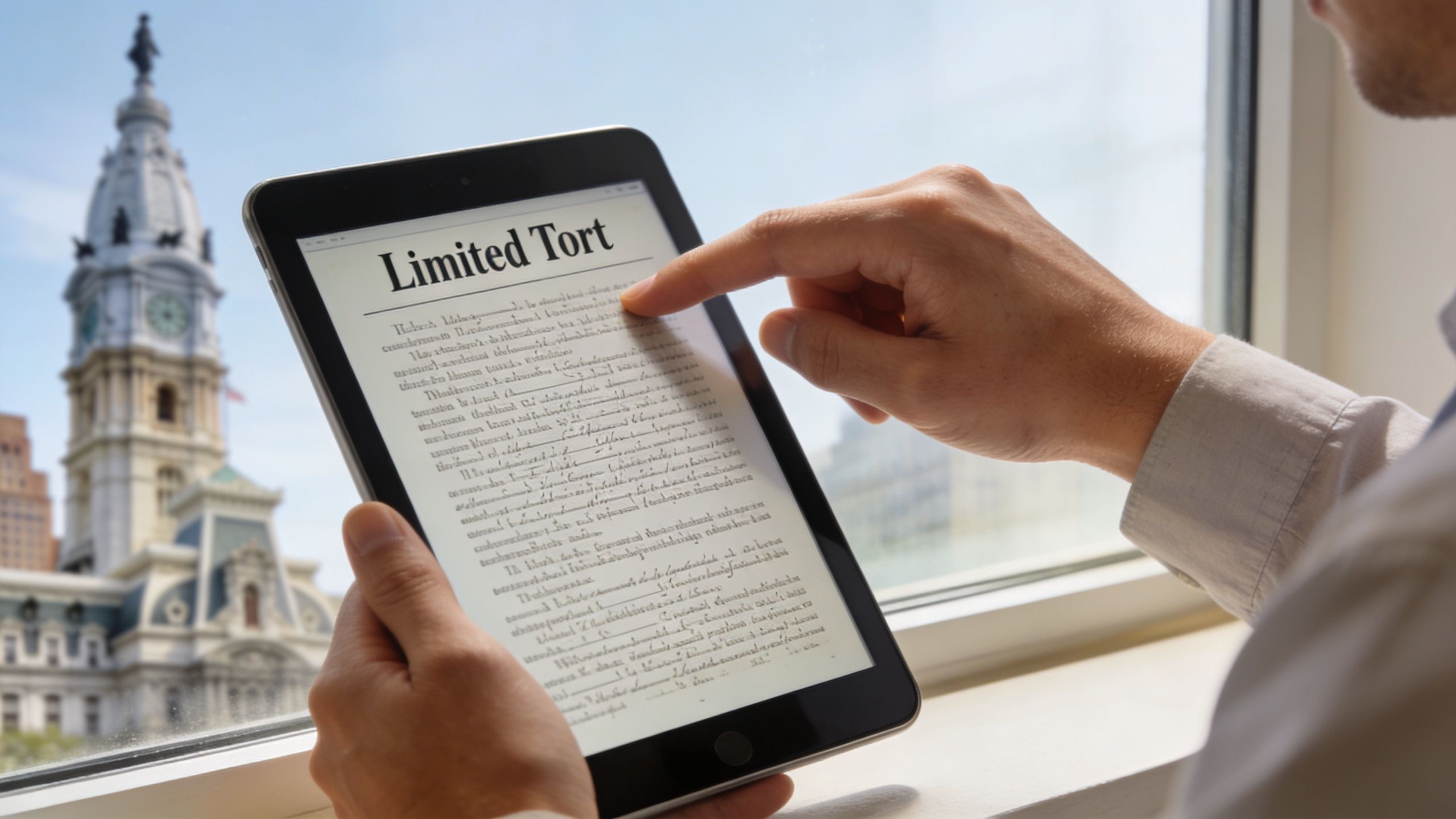 A person reads about Limited Tort insurance on a tablet with Philadelphia City Hall in the background.