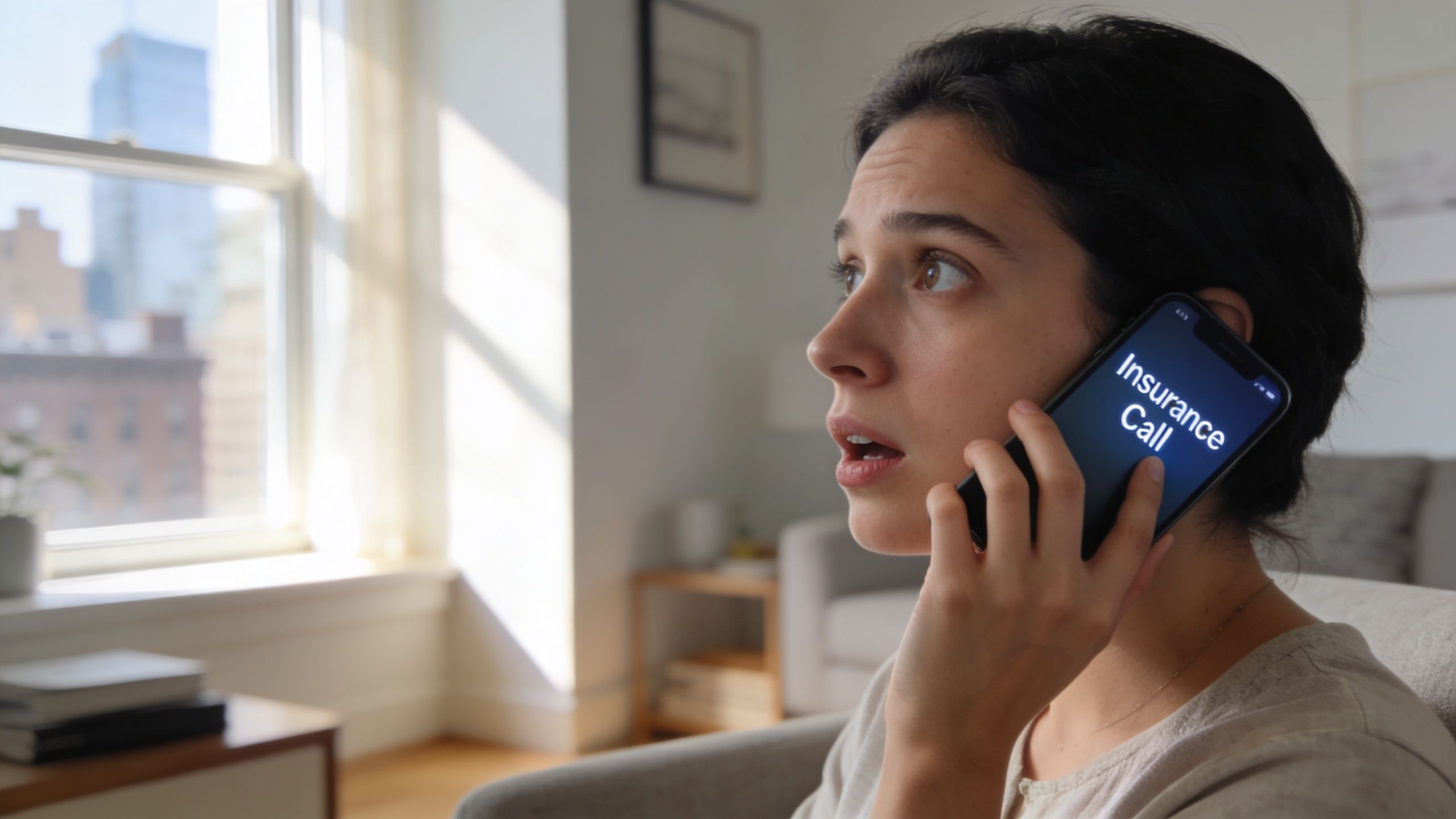 A concerned woman looks away from her phone while receiving an insurance call after an accident.