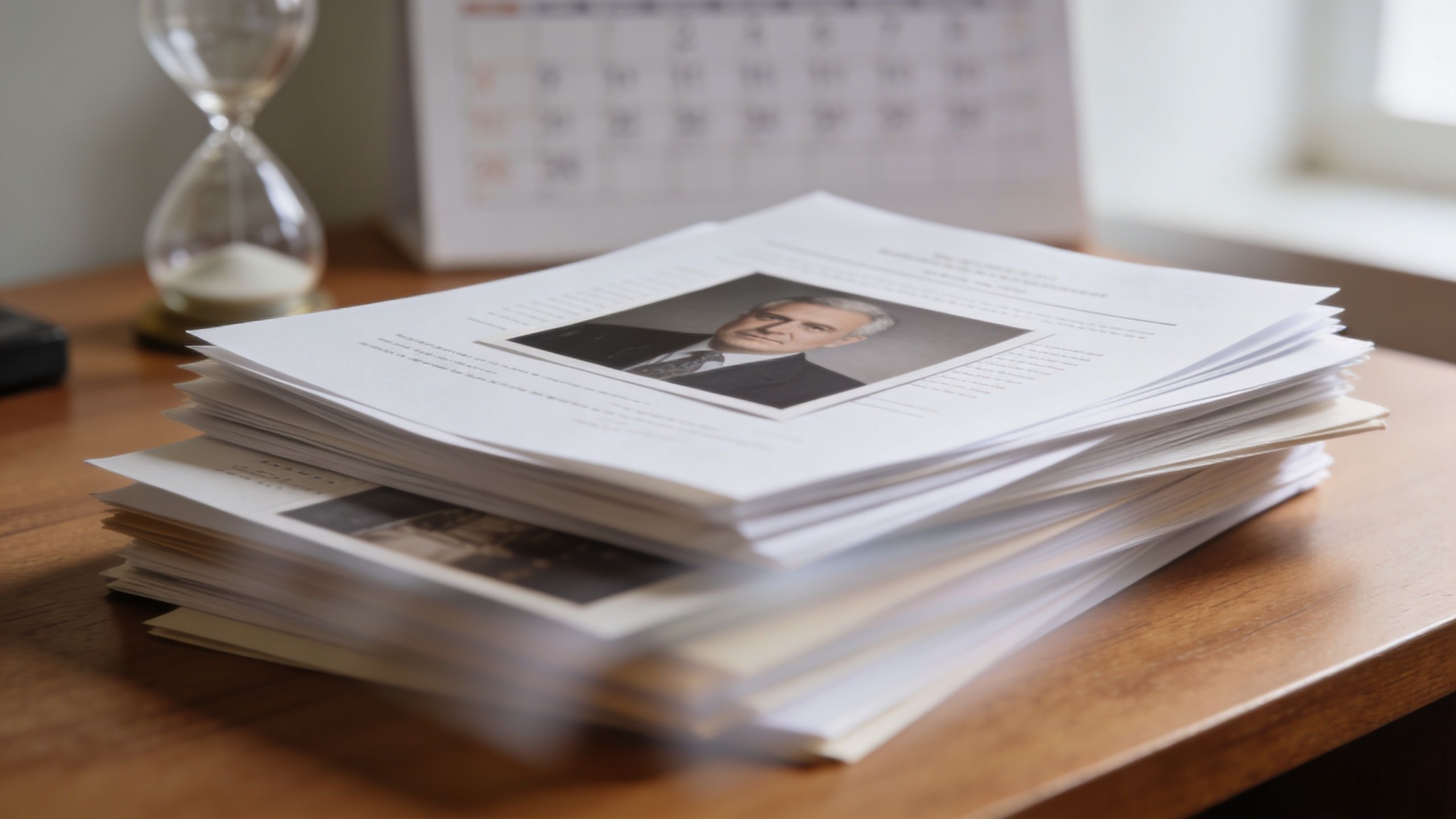 A stack of documents with a portrait of a man on top resting on a wooden desk.