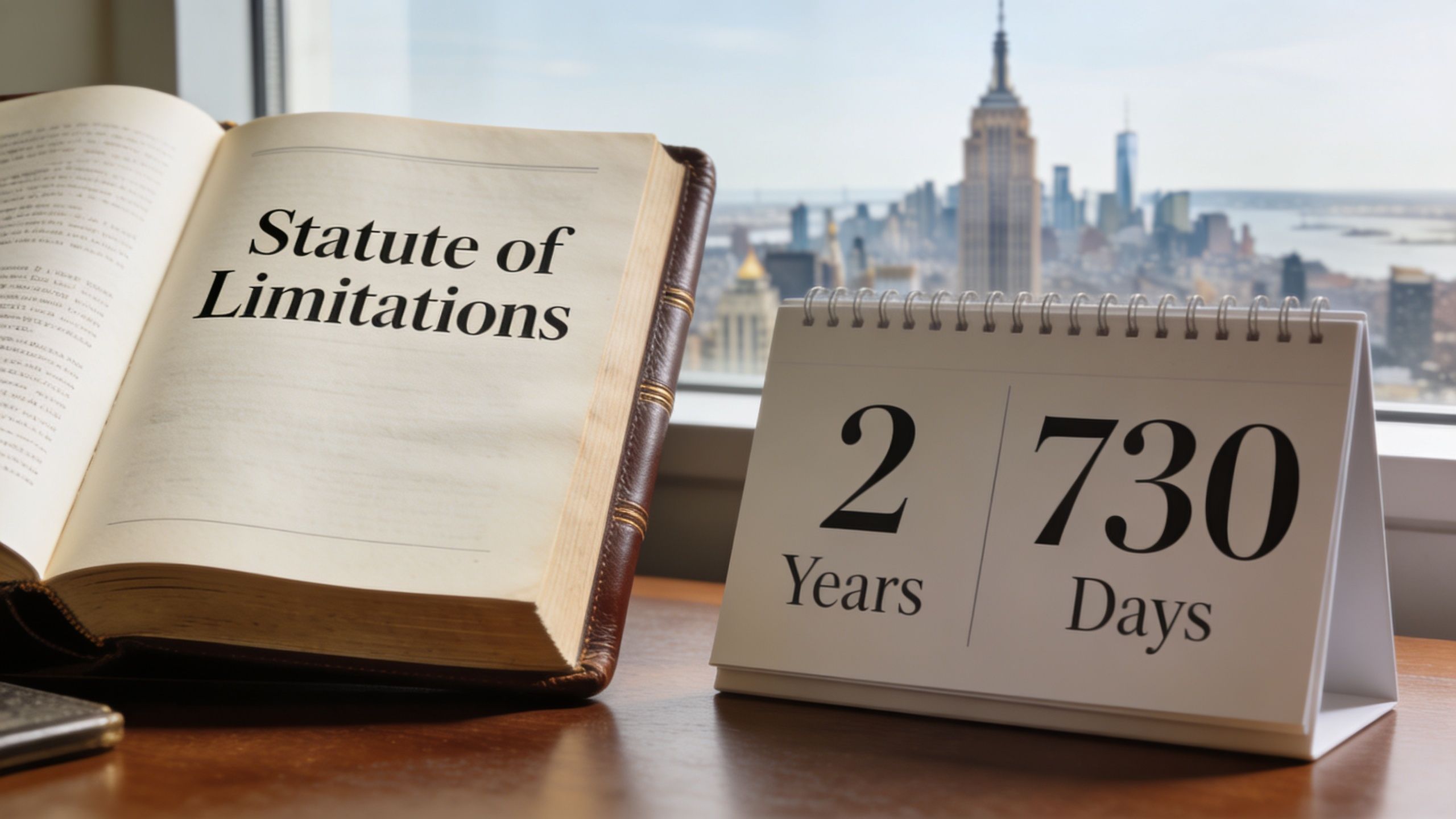 An open book with Statute of Limitations text next to a calendar showing 2 Years and 730 Days.