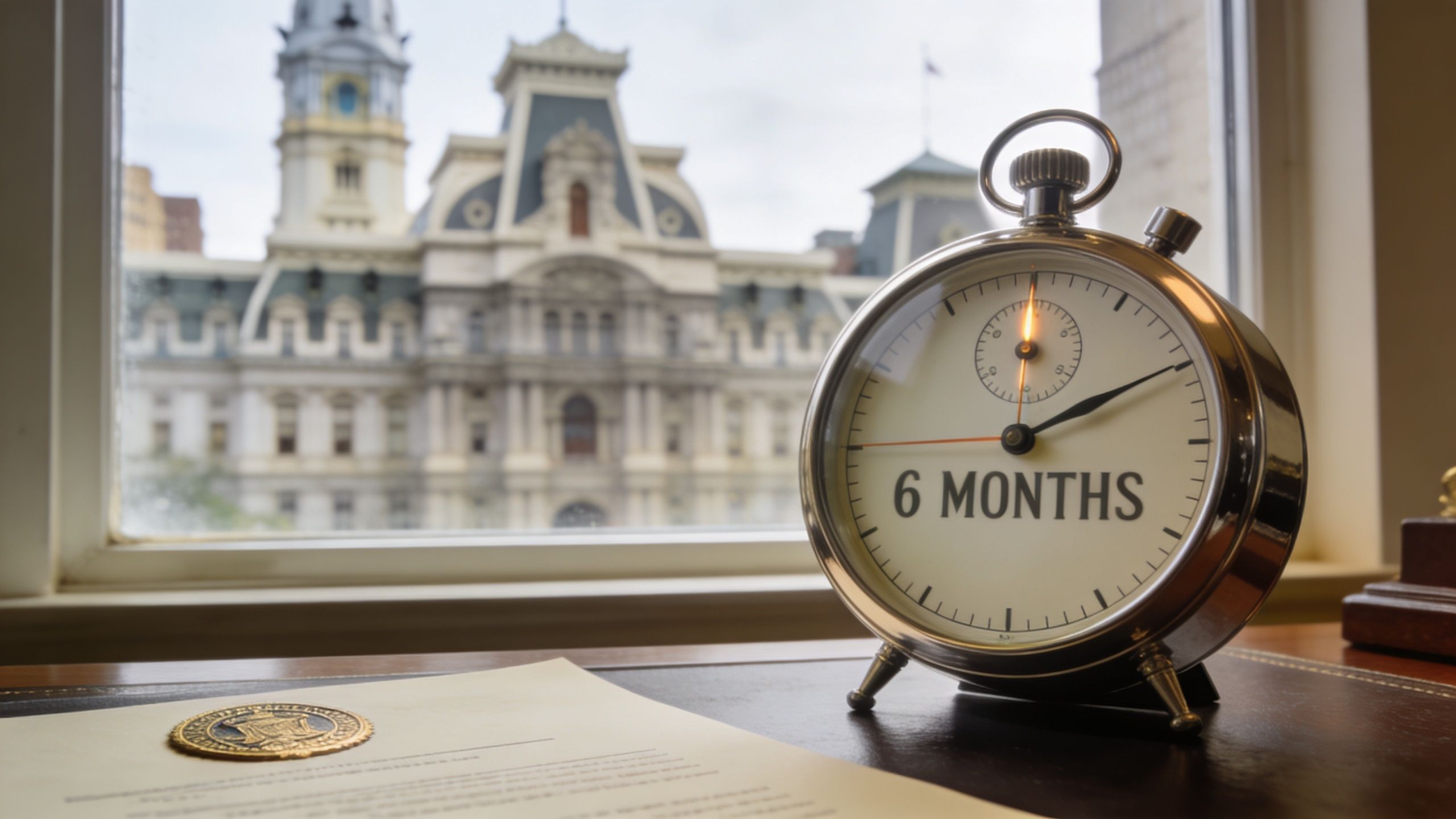 A stopwatch reading 6 months sits on a desk in front of Philadelphia City Hall.