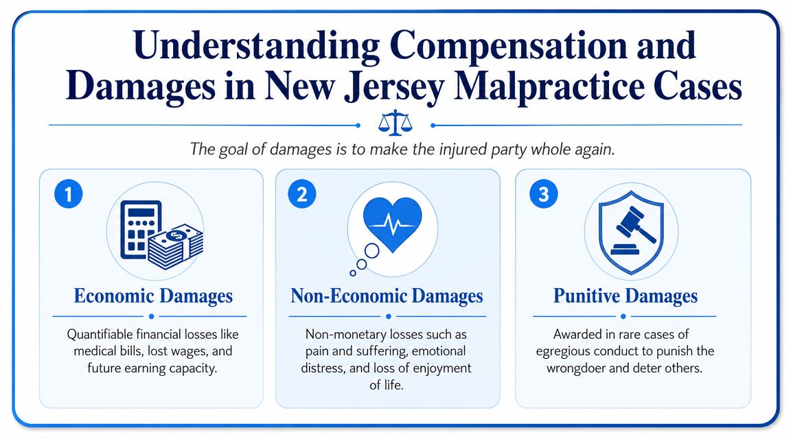 An infographic titled Understanding Compensation and Damages in New Jersey Malpractice Cases outlining economic, non-economic, and punitive damages.
