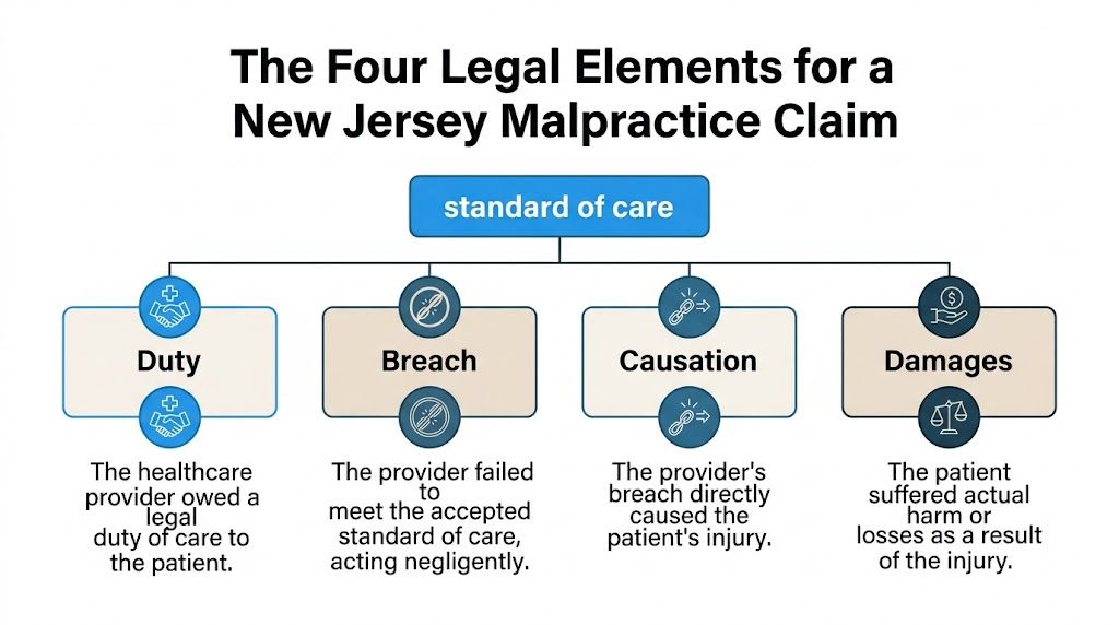 A flowchart outlining the four legal elements of a New Jersey medical malpractice claim: duty, breach, causation, and damages.
