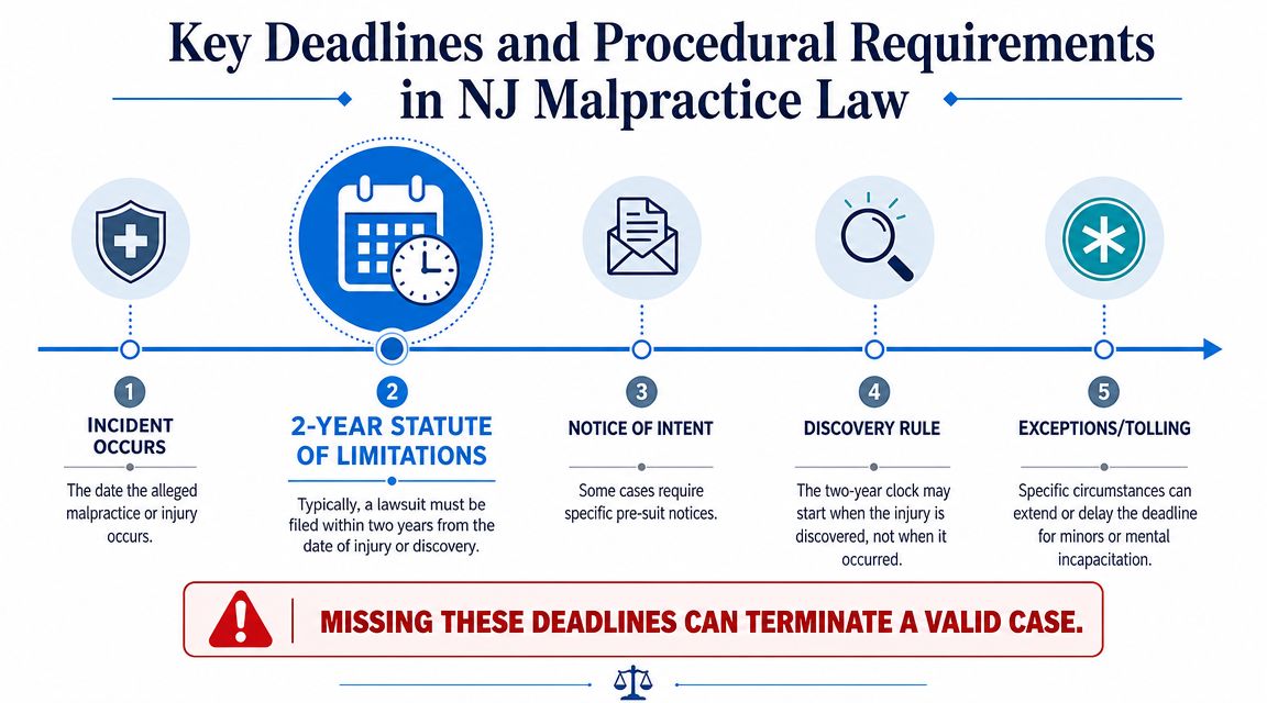 A timeline infographic outlining key deadlines and procedural requirements for filing a medical malpractice lawsuit in New Jersey.
