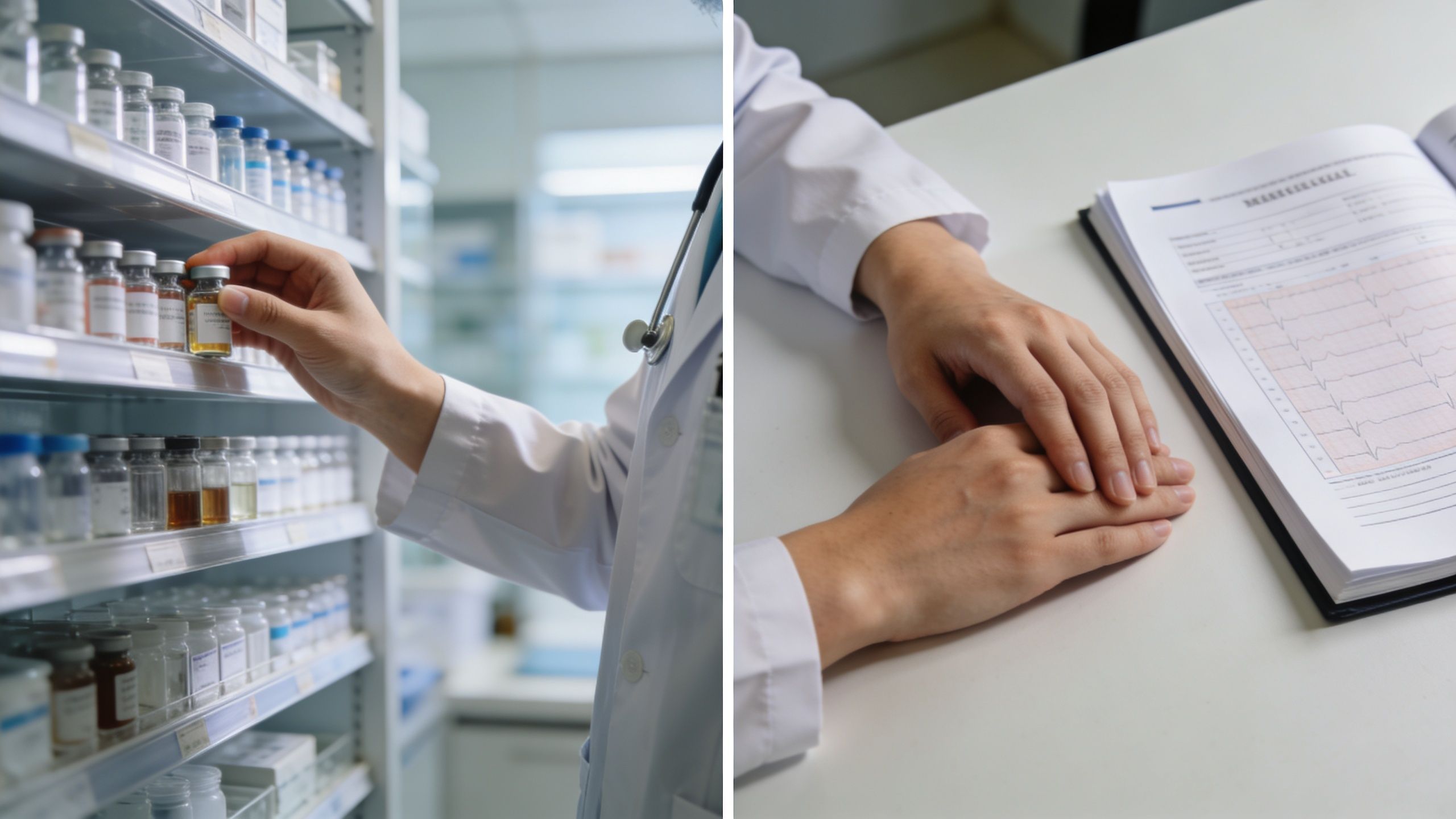 A composite image showing a healthcare professional choosing medication and reviewing patient cardiac test results on documents.