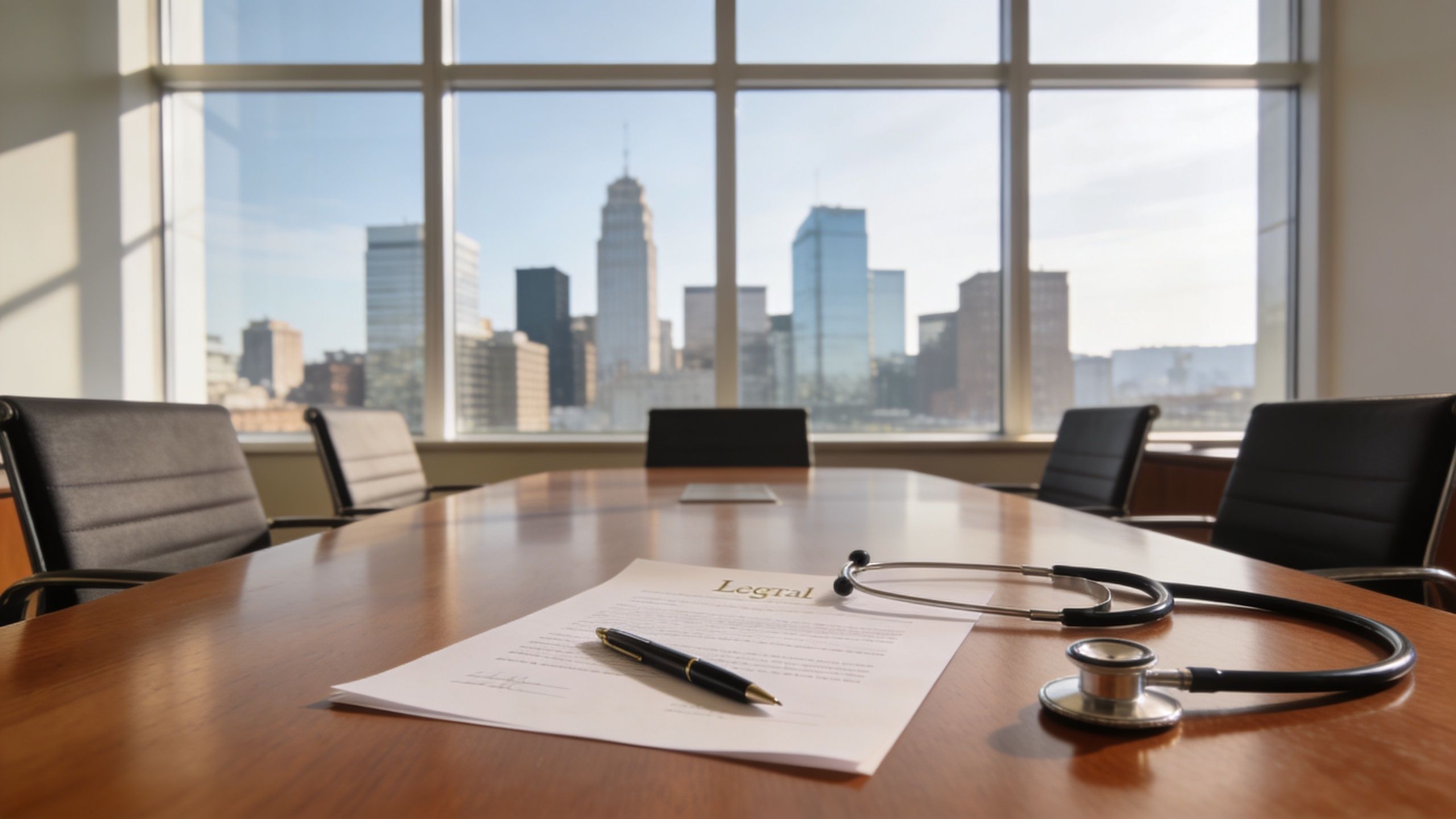 A professional boardroom table with a stethoscope and medical document, overlooking a modern city skyline.