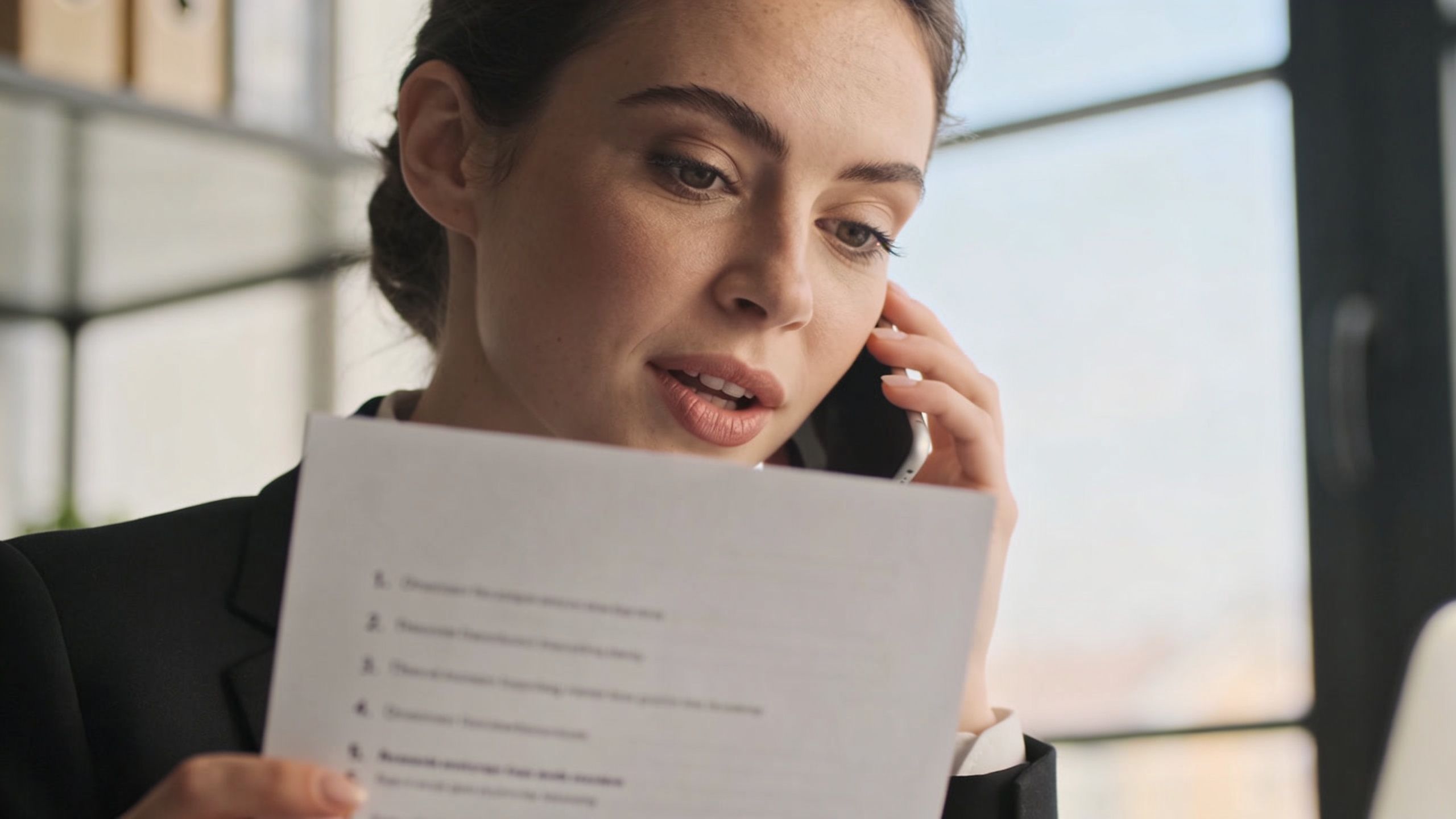 A businesswoman in a suit looks at a document while speaking on her mobile phone in office.