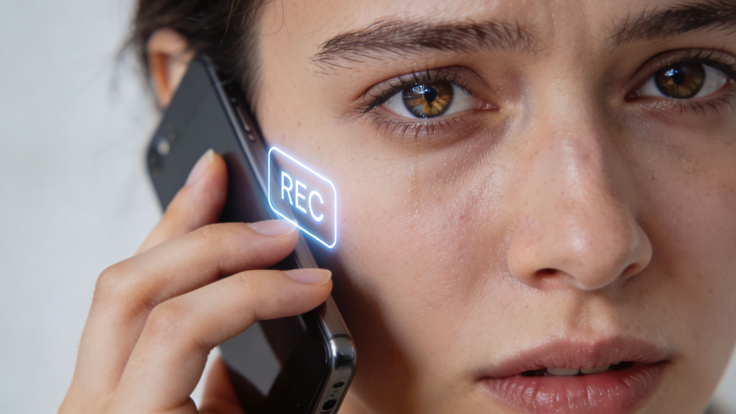 A distressed woman on a phone call while a digital recording icon appears next to her face.
