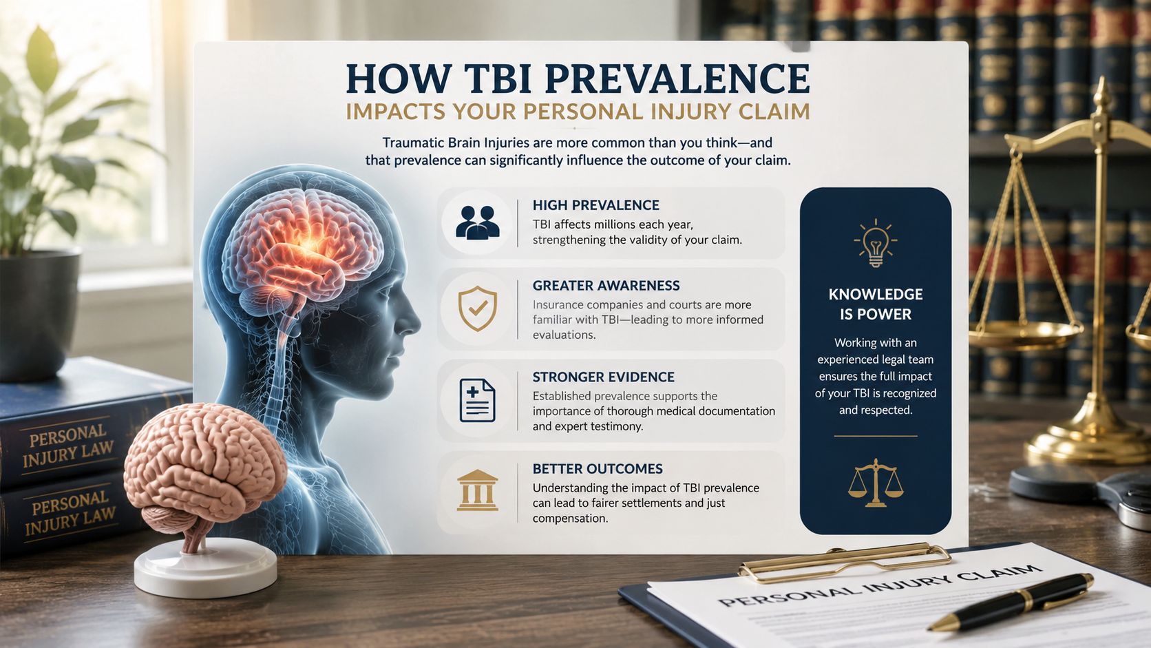 An infographic detailing how traumatic brain injury prevalence impacts legal personal injury claims and settlements.