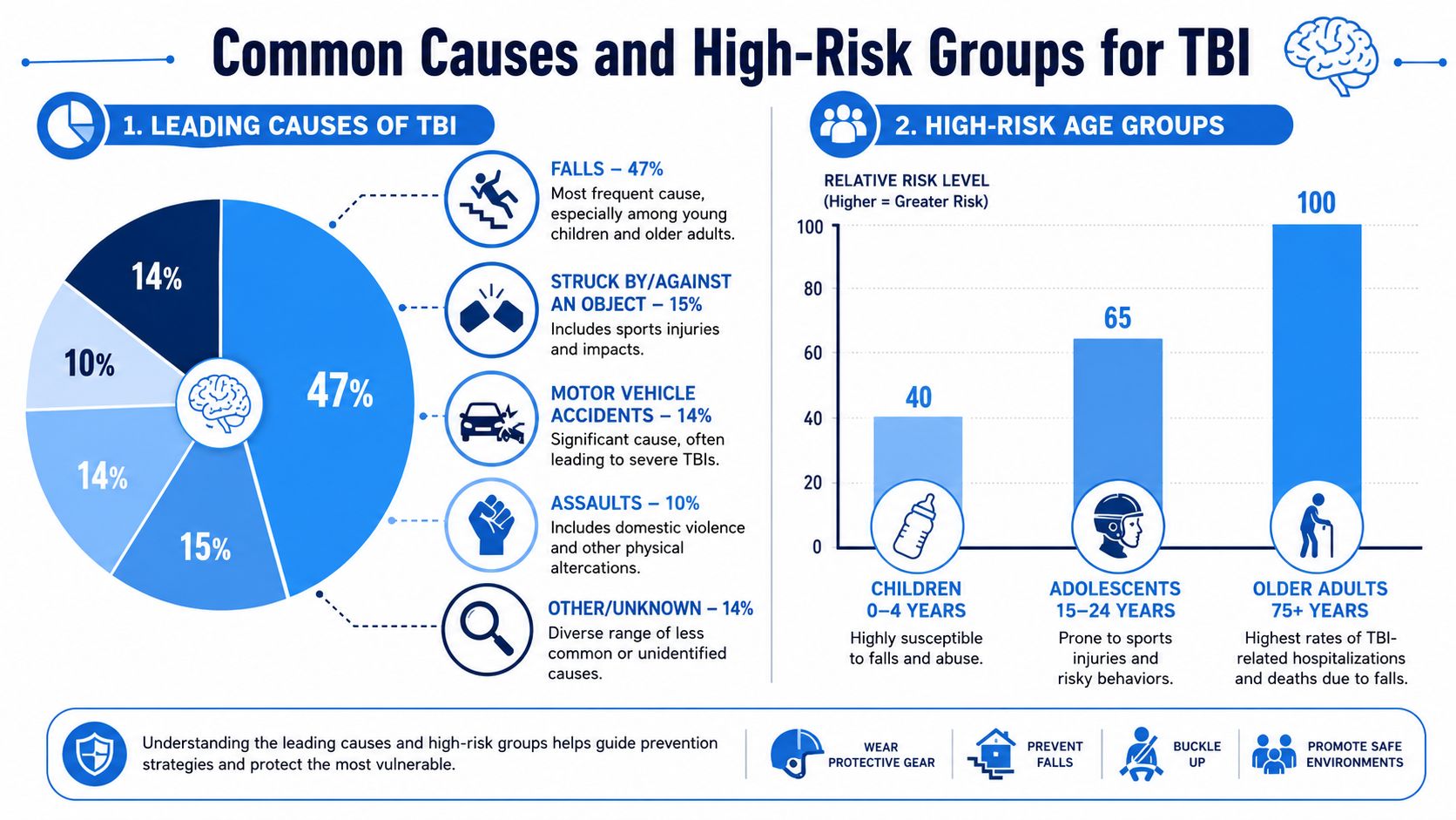 An infographic showing the leading causes and high-risk age groups for traumatic brain injuries.