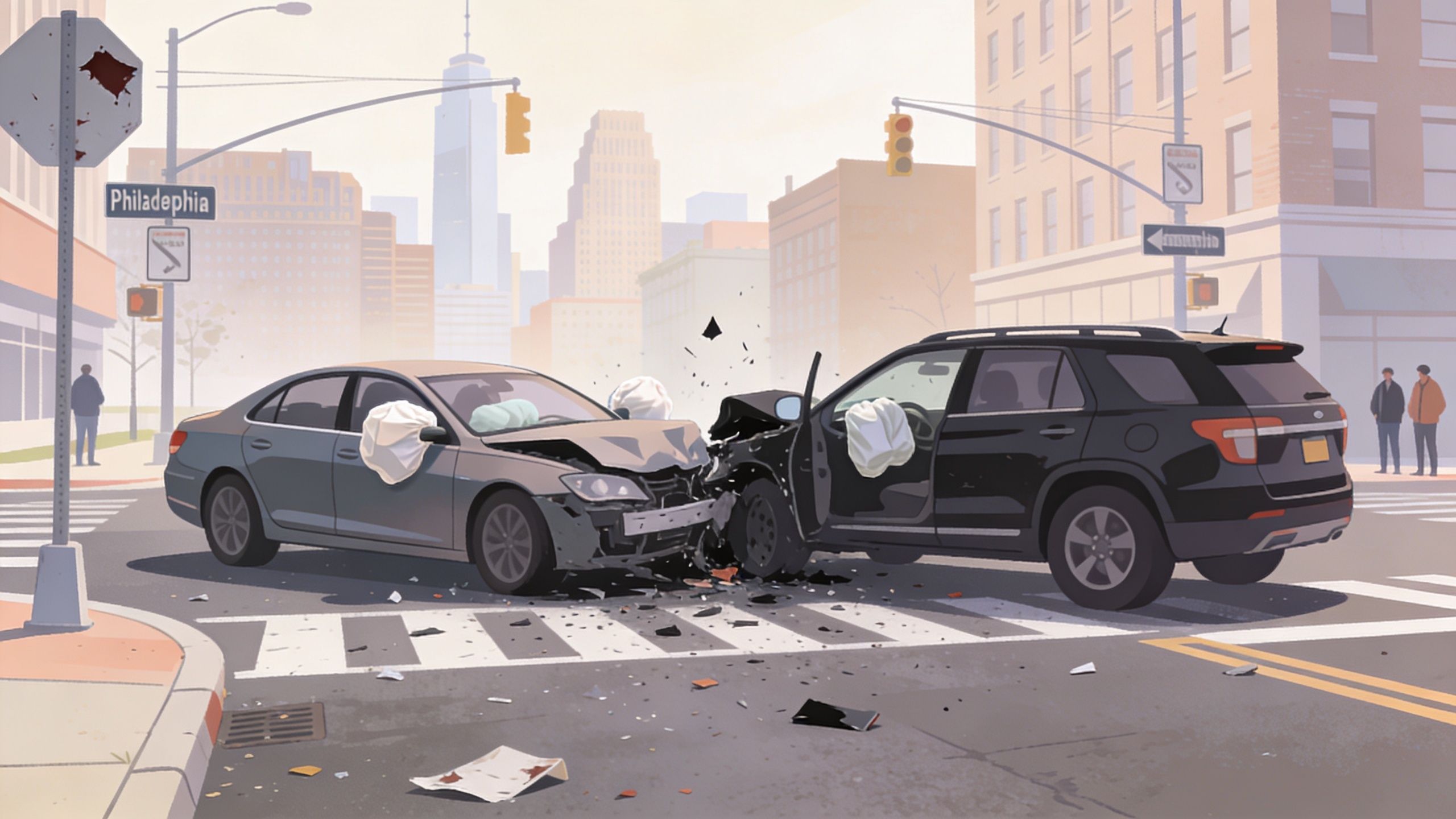 Two cars collided in an intersection in Philadelphia, with deployed airbags and debris scattered on the road.