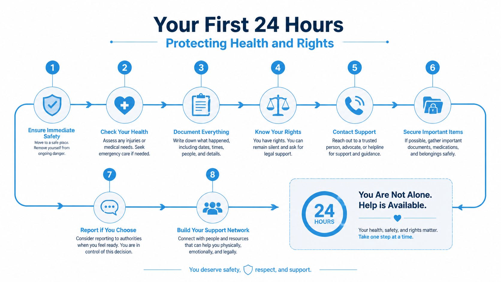 An infographic titled Your First 24 Hours outlining eight essential steps to protect health and rights.
