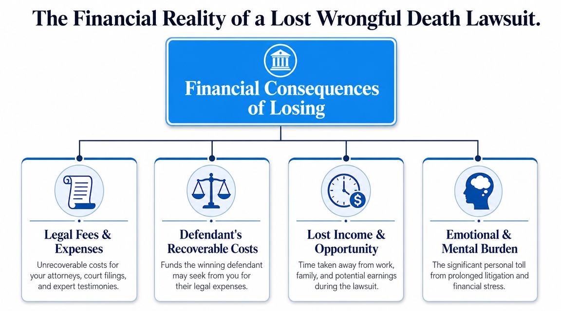 An infographic outlining the four main financial consequences of losing a wrongful death lawsuit.