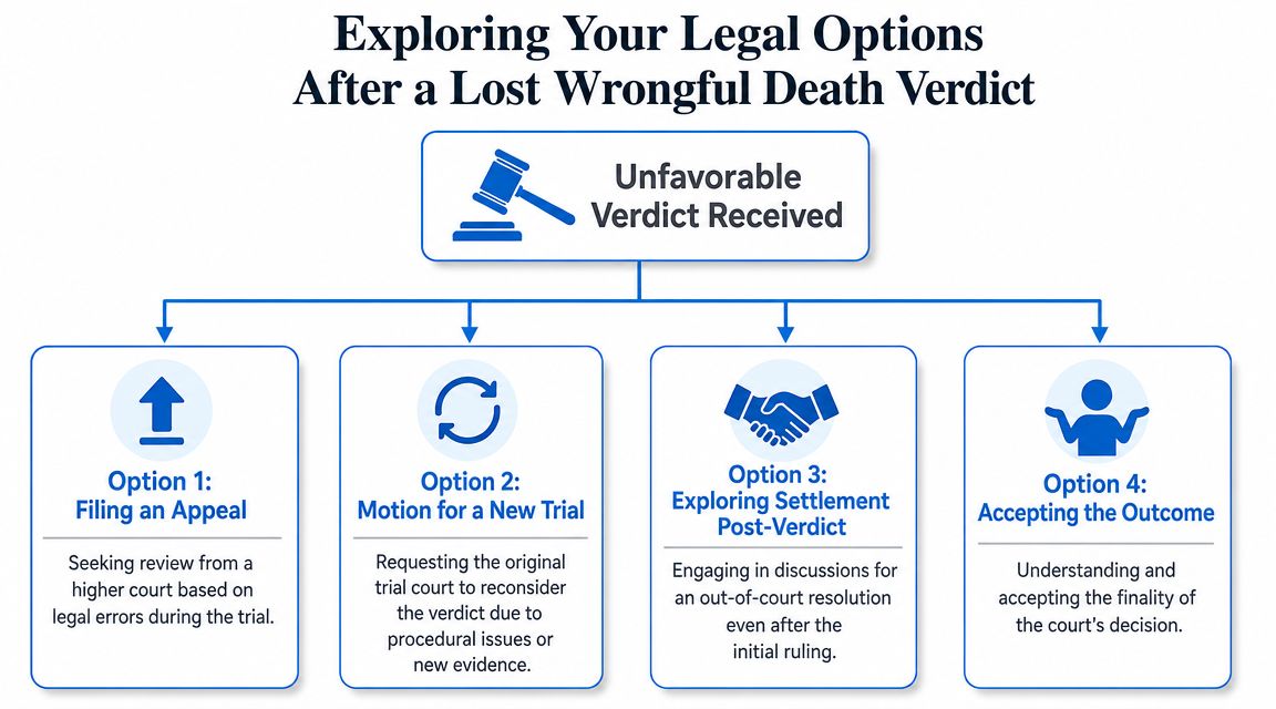 A flowchart outlining four legal options available after receiving an unfavorable wrongful death verdict in court.