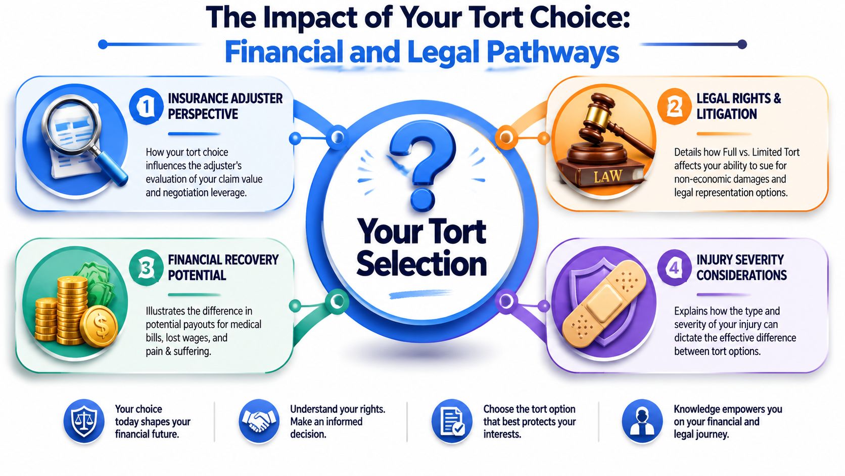 An infographic showing how choosing between full and limited tort insurance impacts legal and financial recovery options.