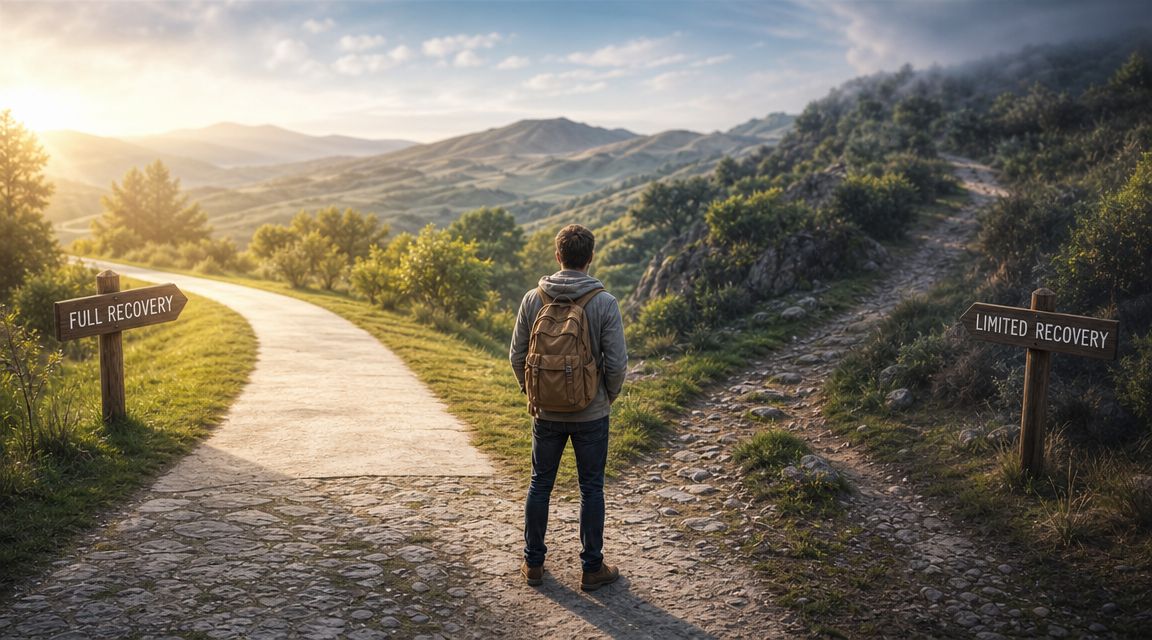 A traveler stands at a fork in the road choosing between paths labeled Full Recovery and Limited Recovery.
