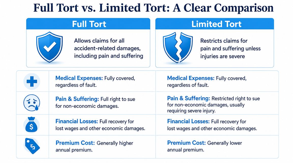 A comparison table between full tort and limited tort car insurance coverage options in plain English.