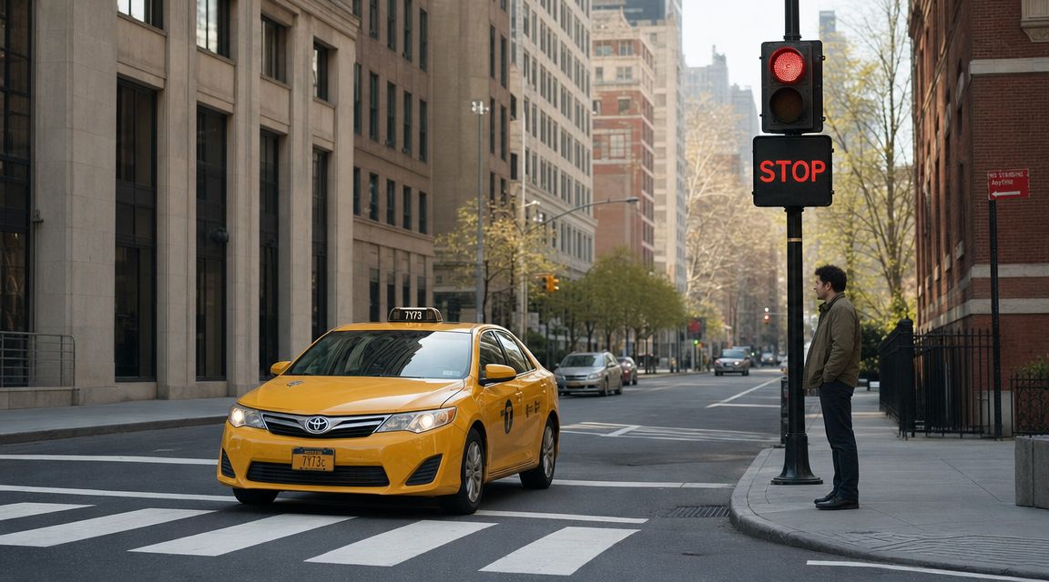 A man waiting at a street corner as a yellow taxi approaches a red traffic light.
