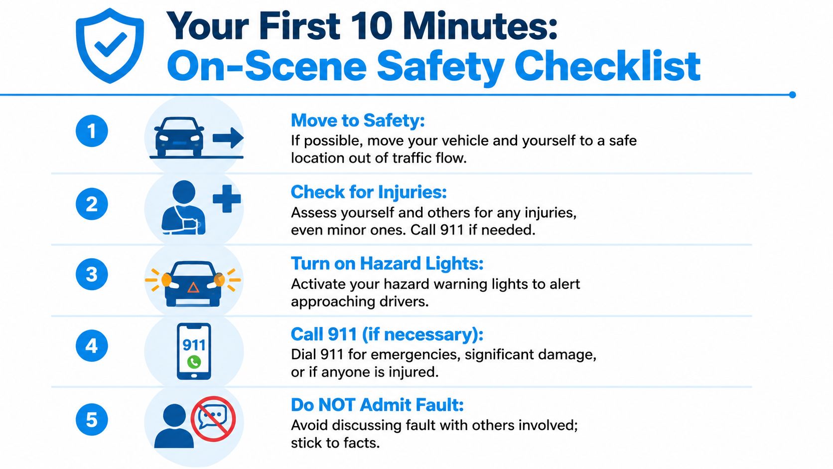 A safety checklist infographic titled Your First 10 Minutes, listing five steps to take after a car accident.
