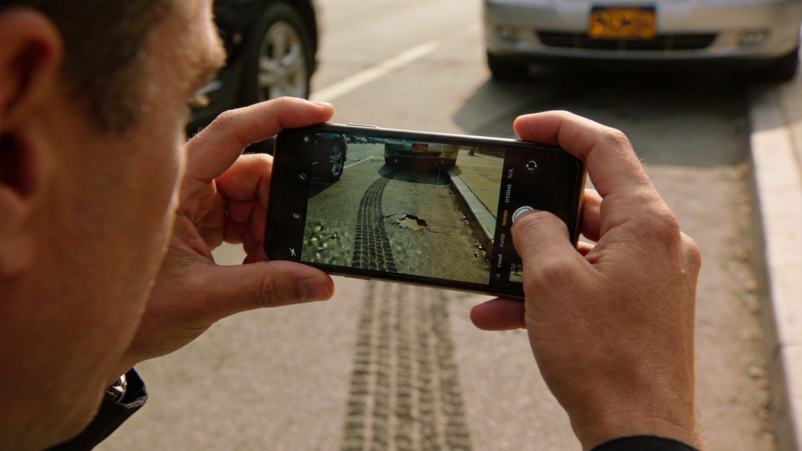 A person using a smartphone to photograph tire tracks and a pothole after a car accident