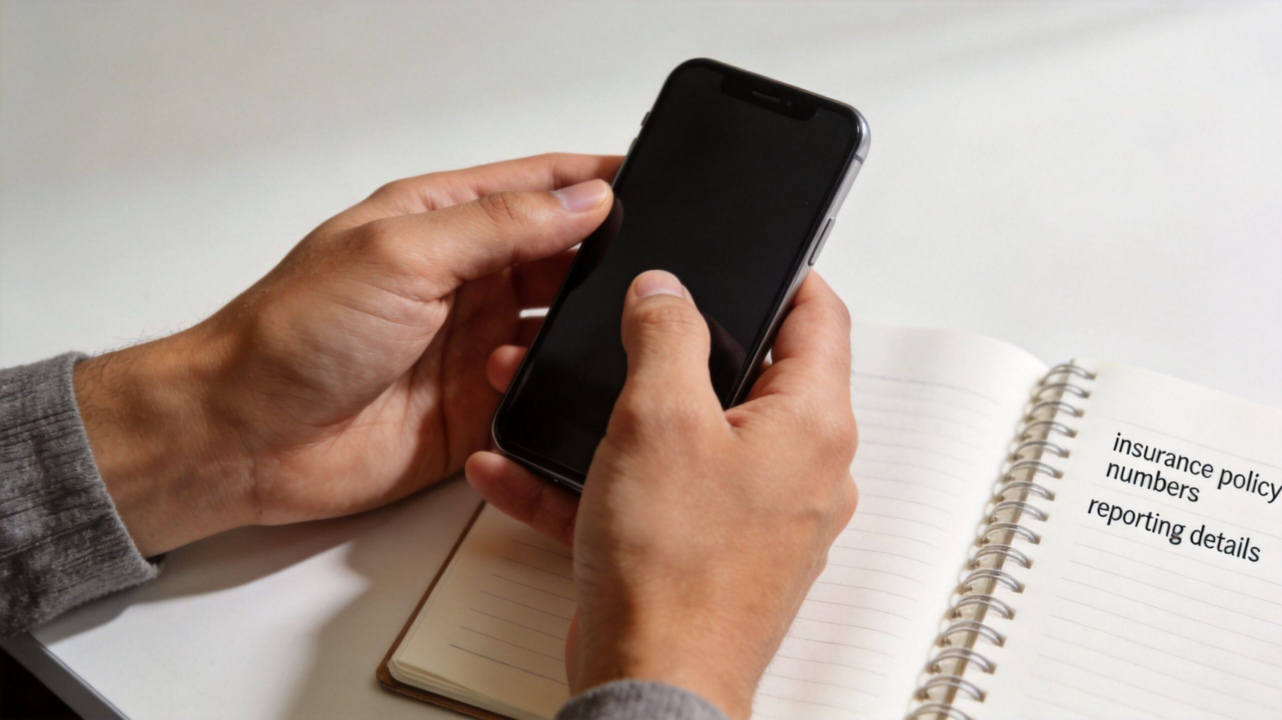 A person holding a smartphone over an open notebook listing insurance policy numbers and reporting details.