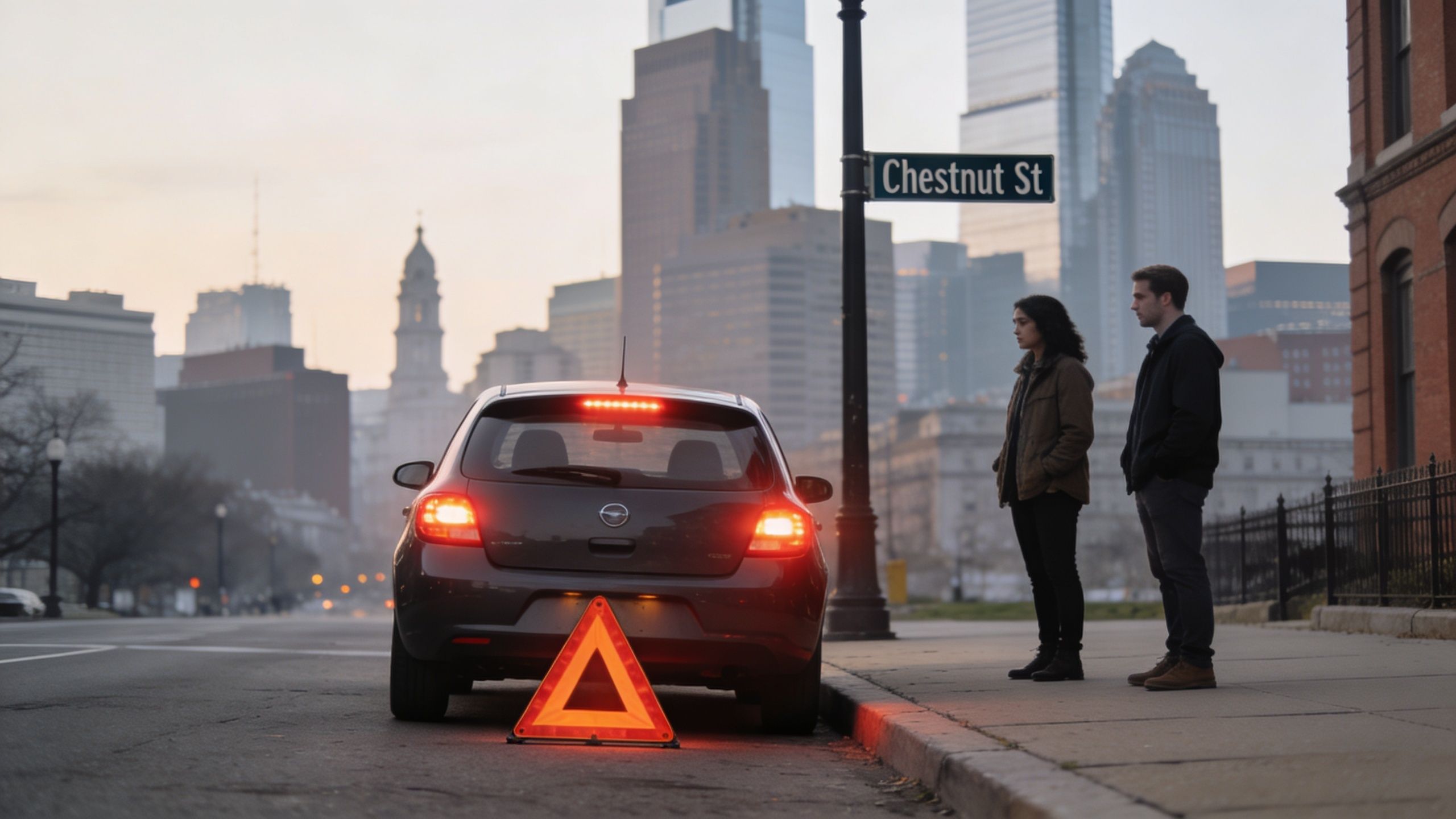 A couple standing on the sidewalk next to a broken-down car on Chestnut Street in Philadelphia.
