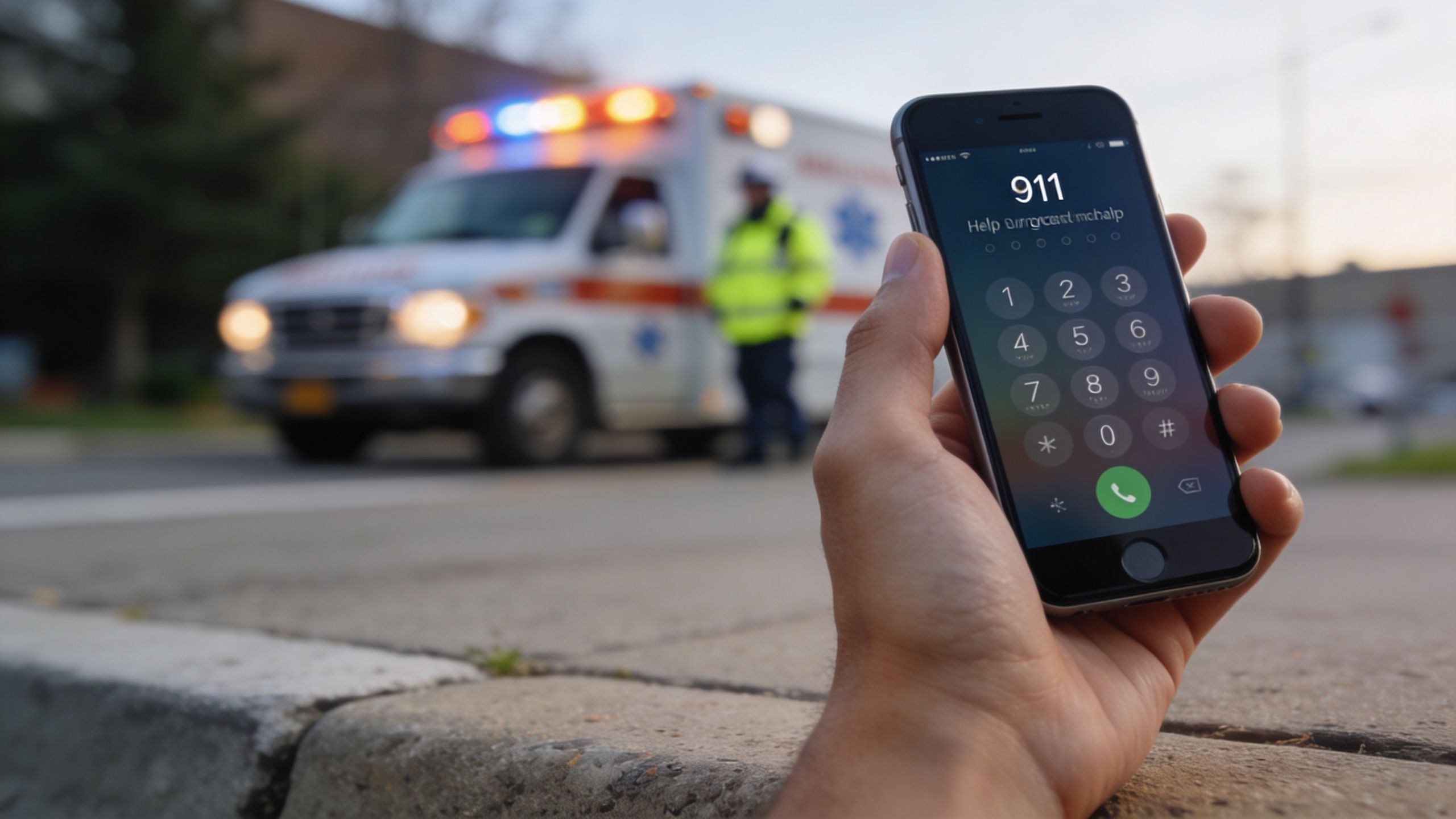 A person holding a smartphone showing a 911 emergency call screen with an ambulance in the background.