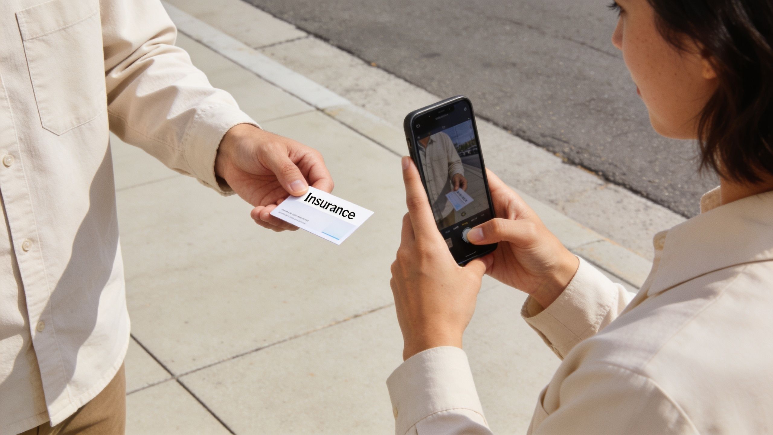 A person taking a photo of an insurance card held by someone else after a traffic accident.