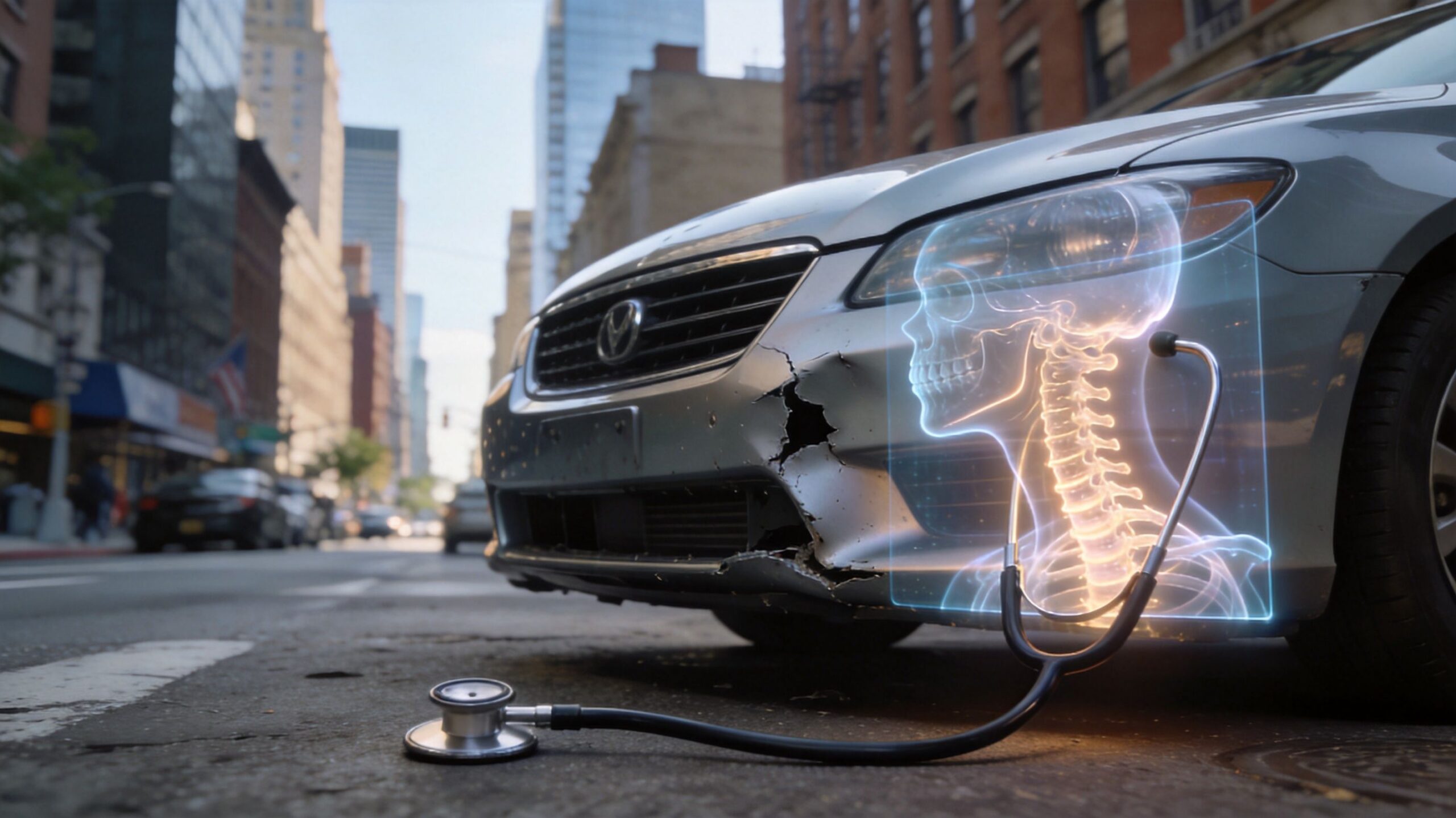 A car with a damaged bumper and a holographic X-ray of a human neck and stethoscope.