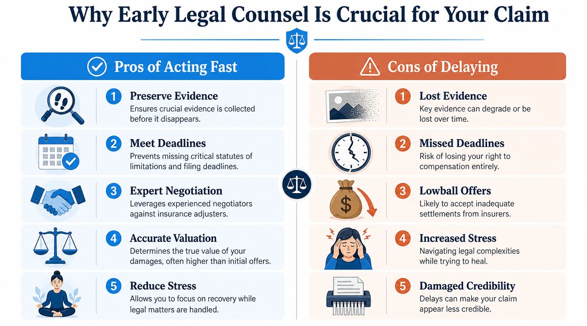 A comparison infographic showing five key benefits of hiring legal counsel early versus the risks of delaying.