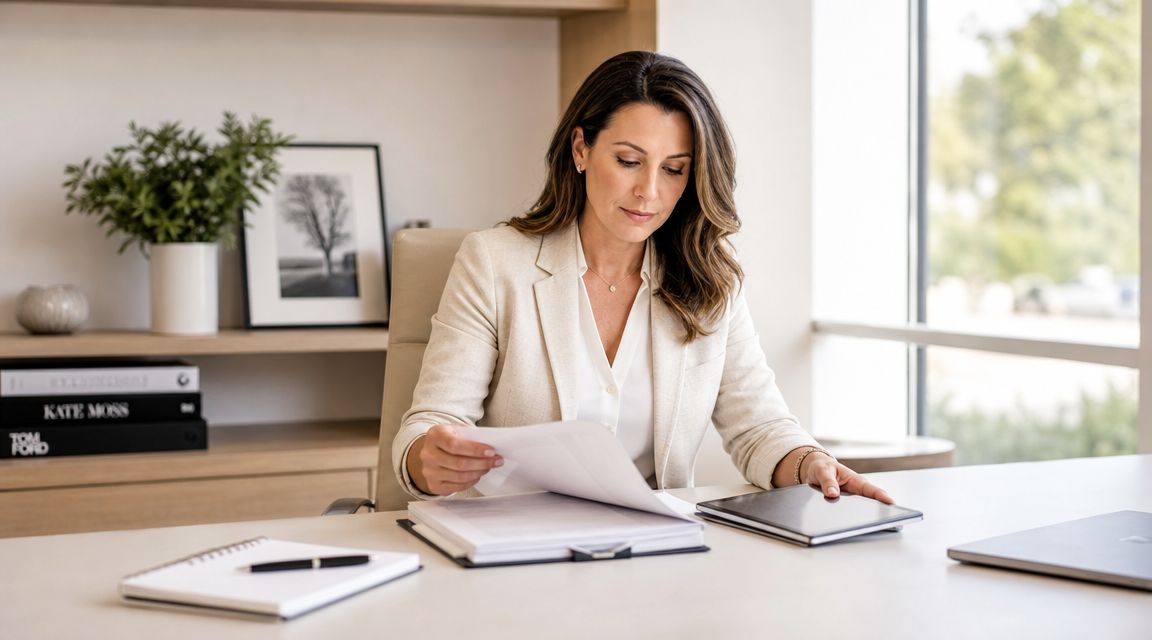 A professional woman in a blazer reviewing documents while sitting at her clean, organized office desk.