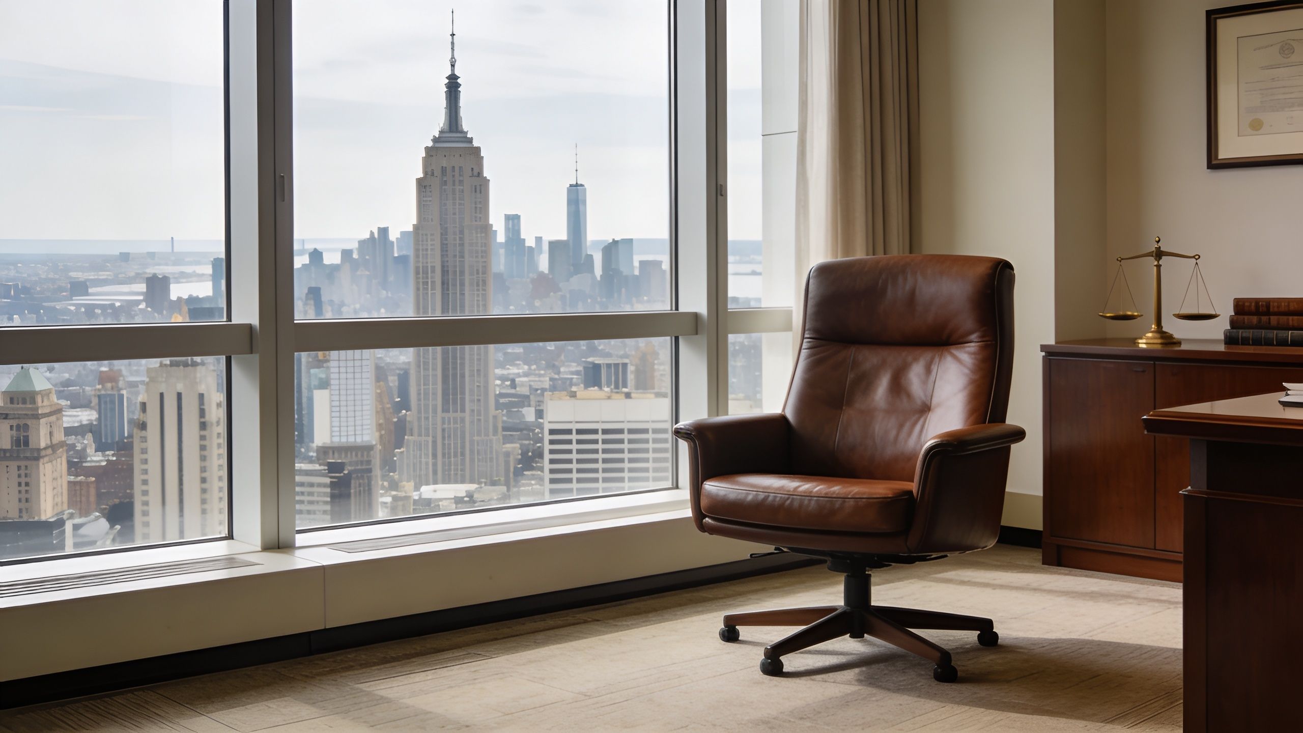 A leather executive office chair in a high-rise office overlooking the New York City skyline.