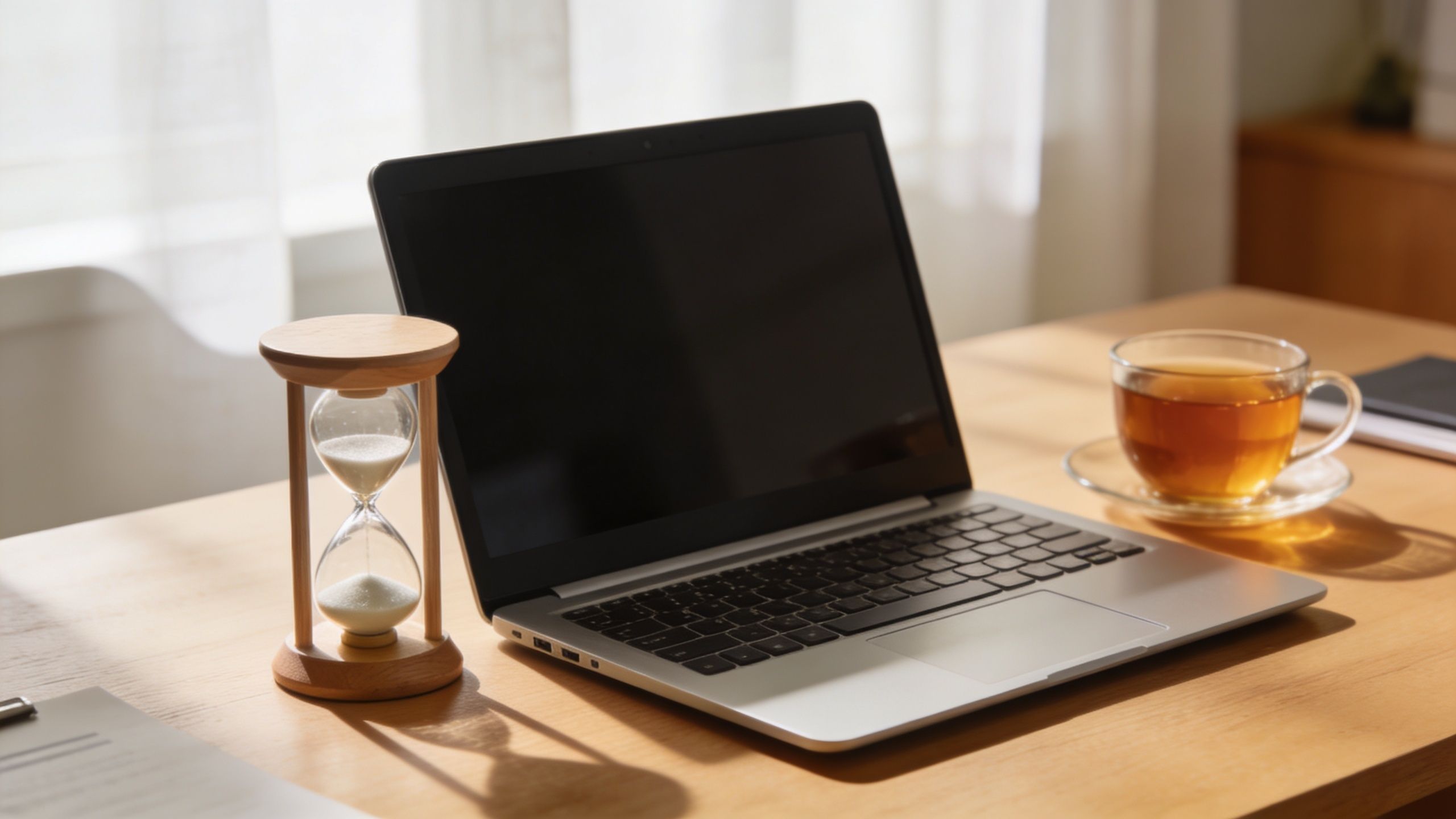 A clean wooden office desk featuring a laptop, an hourglass timer, and a warm cup of tea.