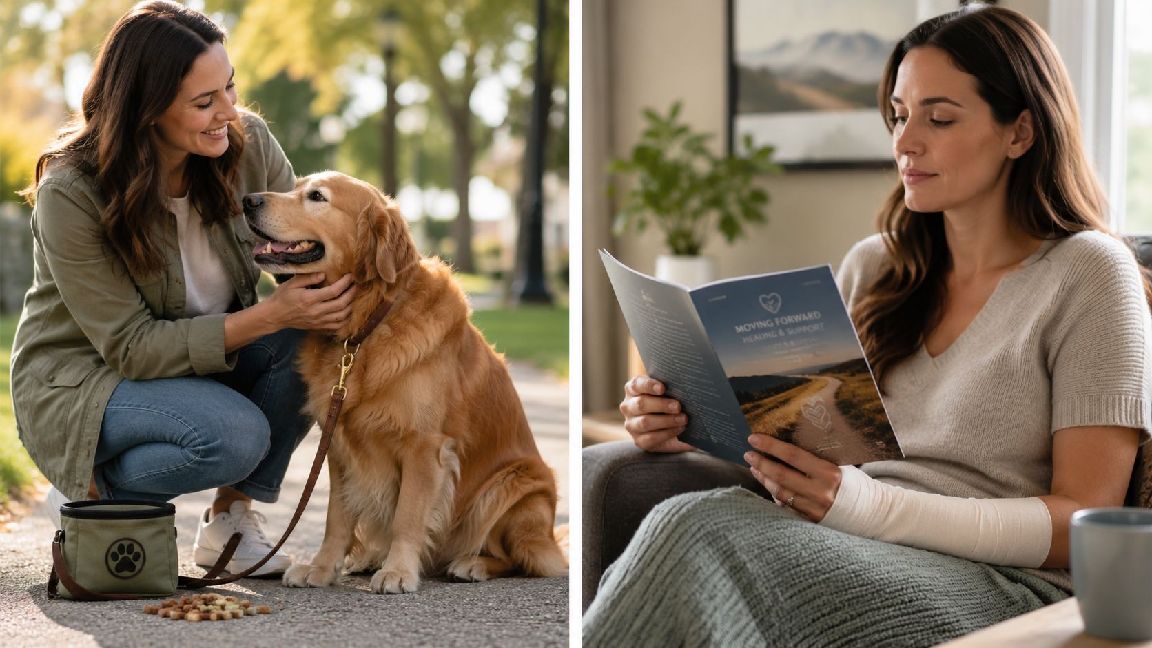A woman caring for her golden retriever dog and reading a healing support brochure while recovering.