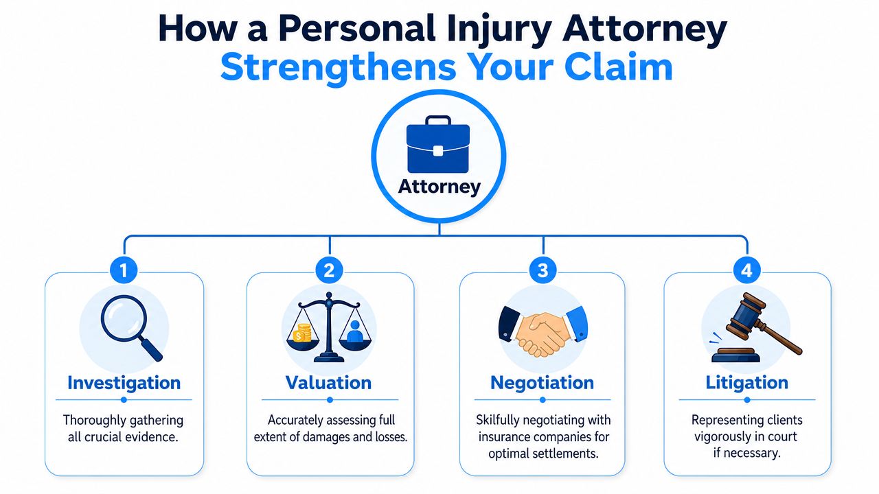 An infographic showing the four ways a personal injury attorney strengthens a legal claim for clients.