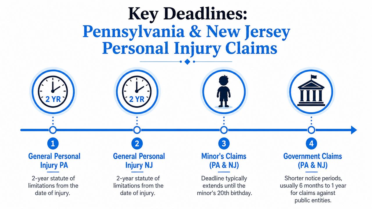 A timeline graphic showing key deadlines for personal injury claims in Pennsylvania and New Jersey.