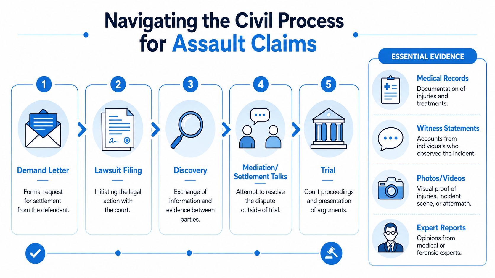 An infographic detailing the five-step civil process for assault claims, including essential evidence requirements.