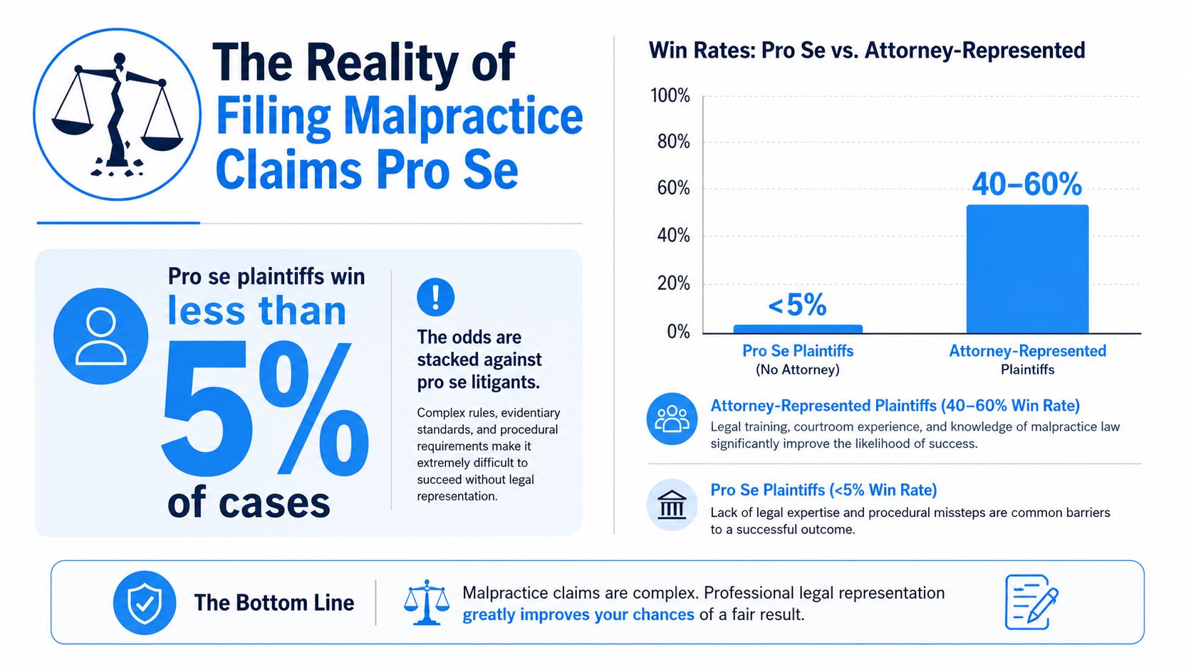 A chart comparing win rates for pro se versus attorney-represented plaintiffs in medical malpractice legal cases.