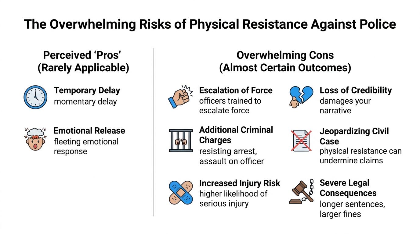 A chart detailing the risks of physically resisting police, listing perceived pros versus overwhelming legal consequences.