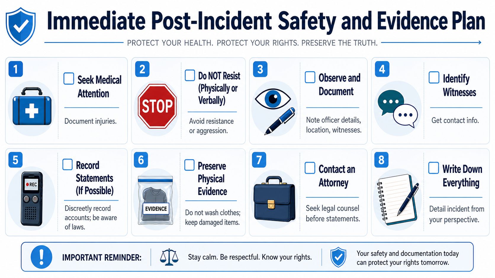 An infographic detailing eight essential steps for maintaining safety and preserving evidence after a police incident.