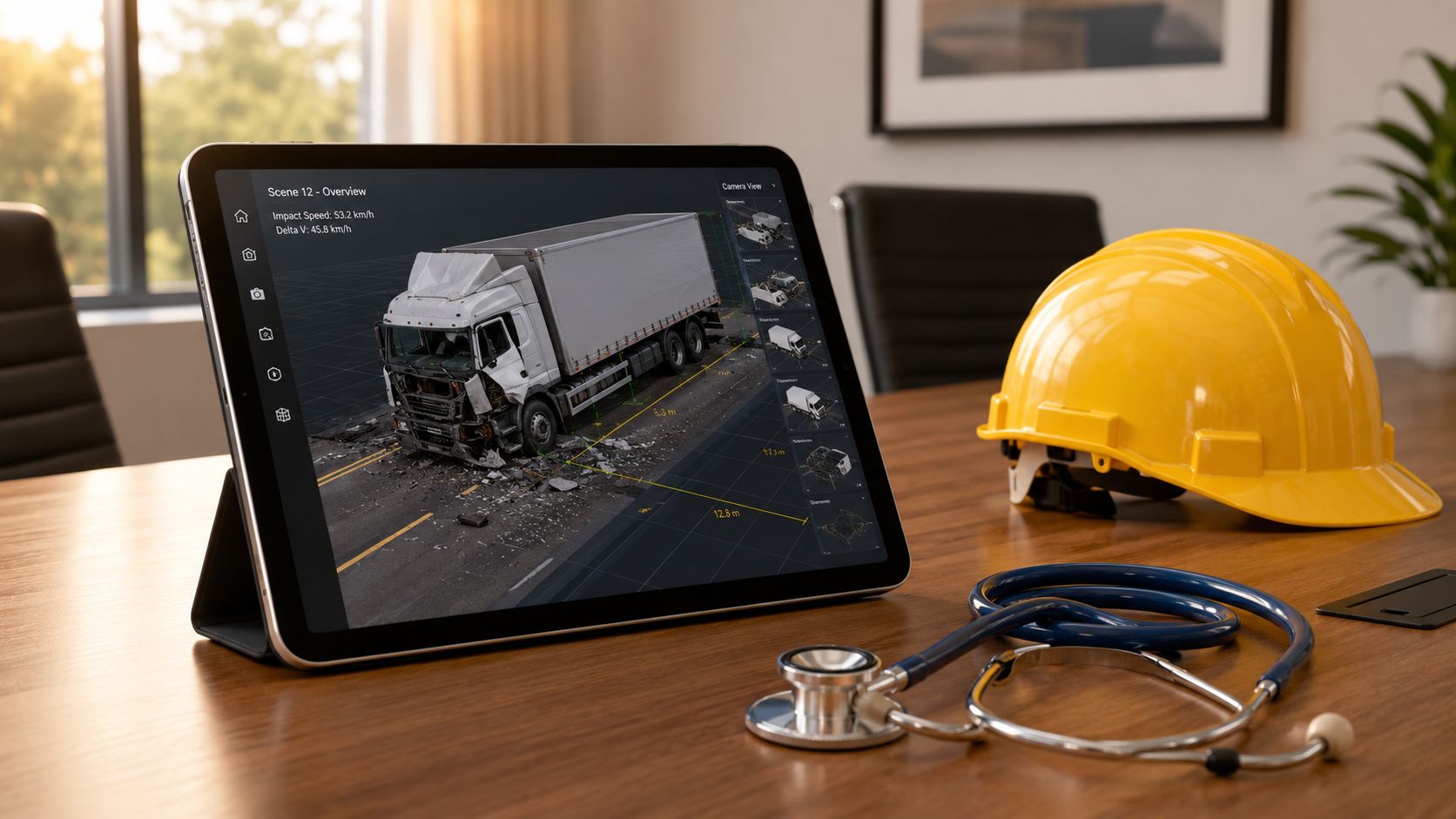A digital tablet displaying a truck accident analysis with a yellow hard hat and stethoscope on a table.